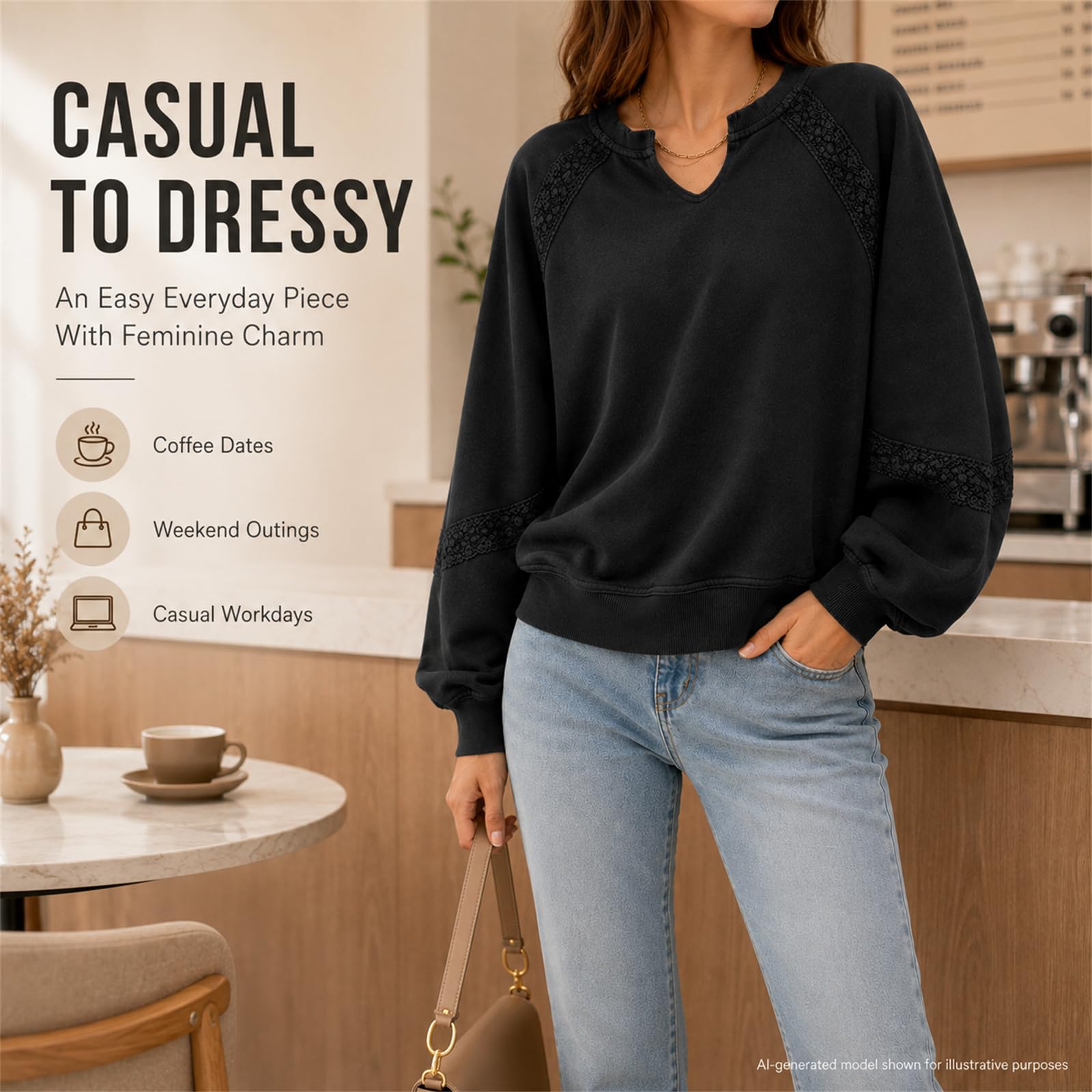 Damska bluza oversize, dekolt w serek, koronkowe rękawy z lampionami | Koronkowy patchwork, dekolt w serek, raglanowe rękawy, luźny krój, prążkowany brzeg, styl wiosna-jesień