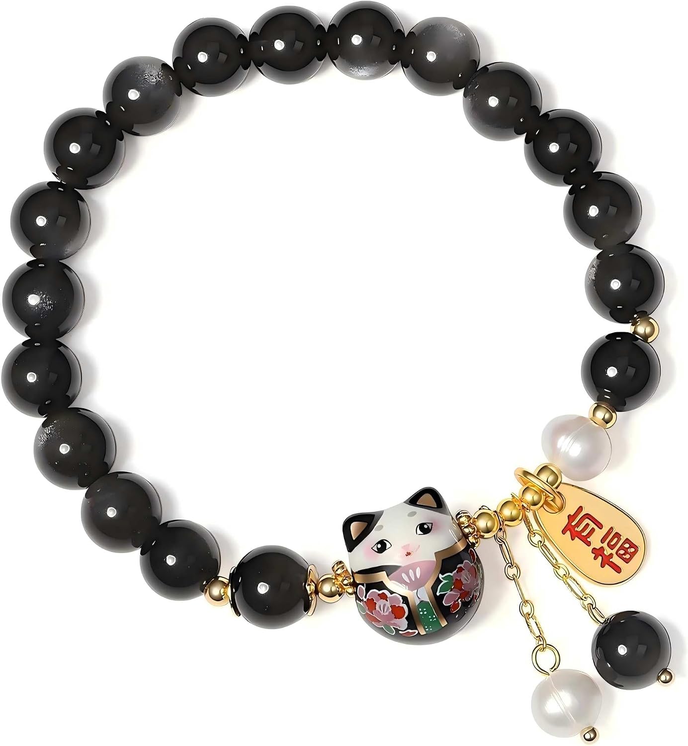 Lucky Cat Bracelet with Blue Crystal, Ceramic Cat Pendant, Feng Shui Good Luck Jewelry for Women, Wealth & Protection Bracelet