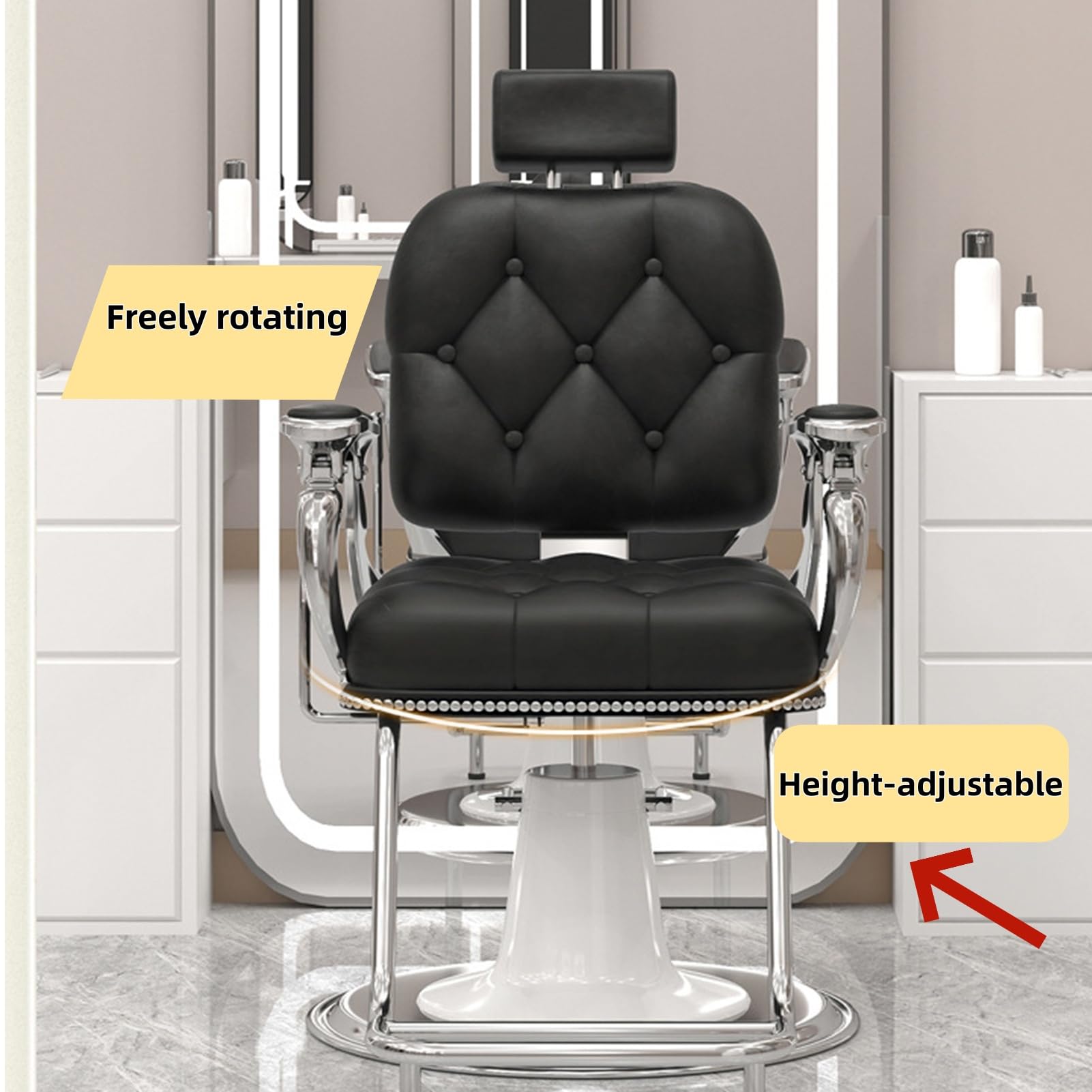 Hydrauliczny fotel fryzjerski – z oparciem na głowę/podnóżkiem, obrót o 360 stopni, skórzany,Black,B | 1