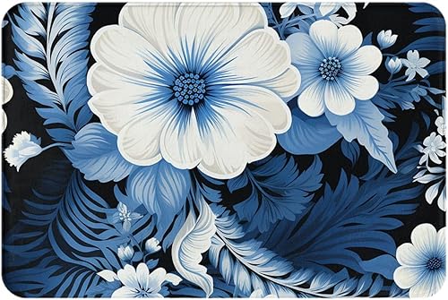 Miniatura 3 de Tapete duradero para puerta delantera, estampado floral azul y blanco, tapete de bienvenida, absorbente, antideslizante, tapete de entrada suave,