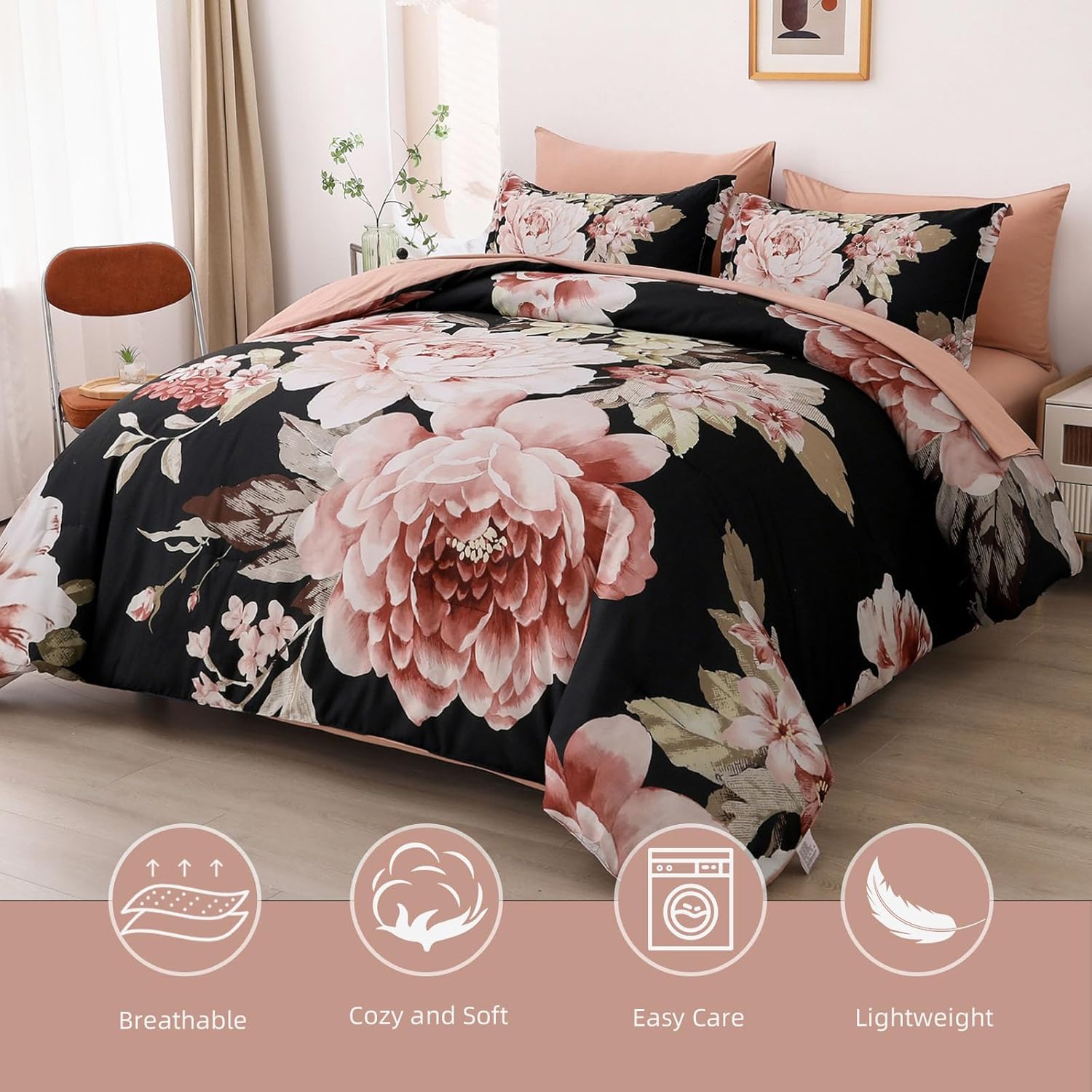 Floral Comforter Set Queen Size 7 Pieces Bed in a Bag, Pink Black Floral Bedding Sets Elegant Flower Bed Set Lightweight Comforter for All Season with Flat Sheet, Fitted Sheet, Pillowcases & Shams - Image 3