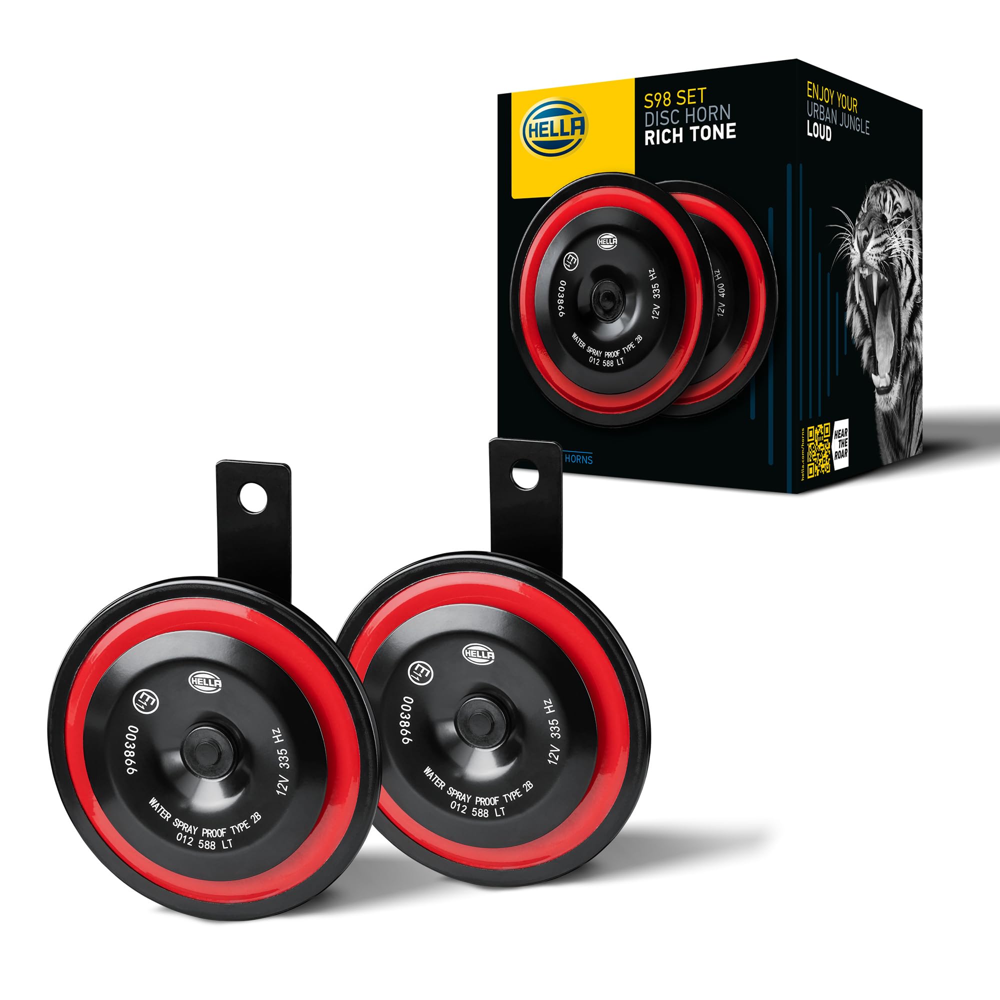 HELLA 3AM 012 588-341 Clacson - HELLA STYLE HORN S98 SET - 12V - 115dB(A) - Gamma frequenze: 335/400Hz - Tono basso/Tono alto - elettrico - ECE - Colore alloggiamento/sede: rosso/nero - Quantità: 2