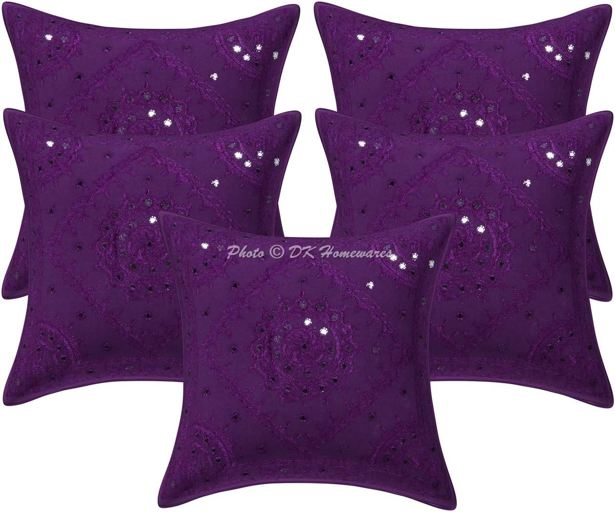 Ethnic Decorative Accent Throw Pillow Covers 16 x 16 Inch Cotton Embroidered Mirrored Boho Square Sofa Cushion Covers (Size - 40x40 cm ; Color: Purple) - Set of 5 Pcs (Cover Only)
