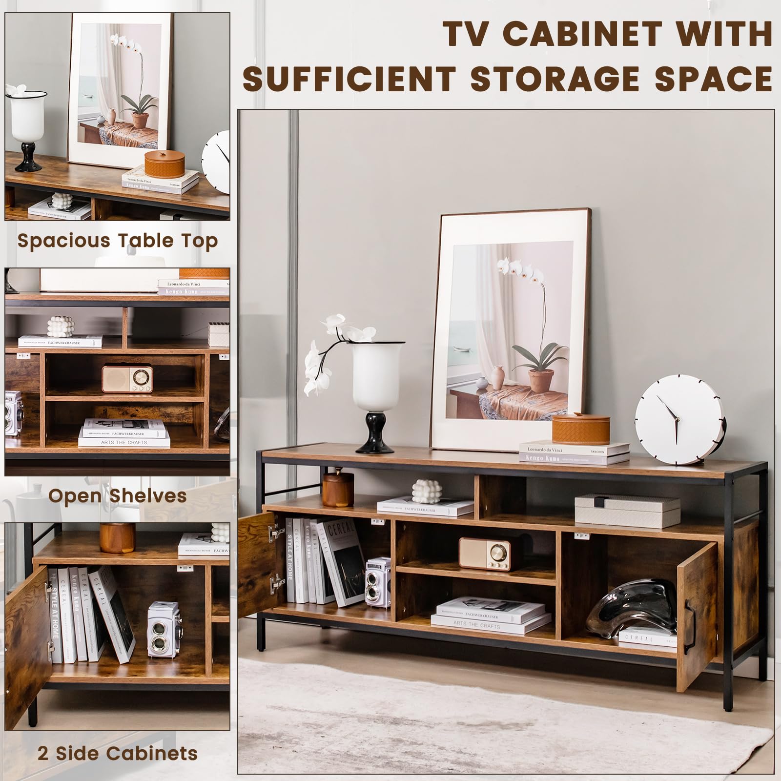 SONGMICS Meuble TV Pour TV Jusqu'à 55", Console TV Avec Portes, 3