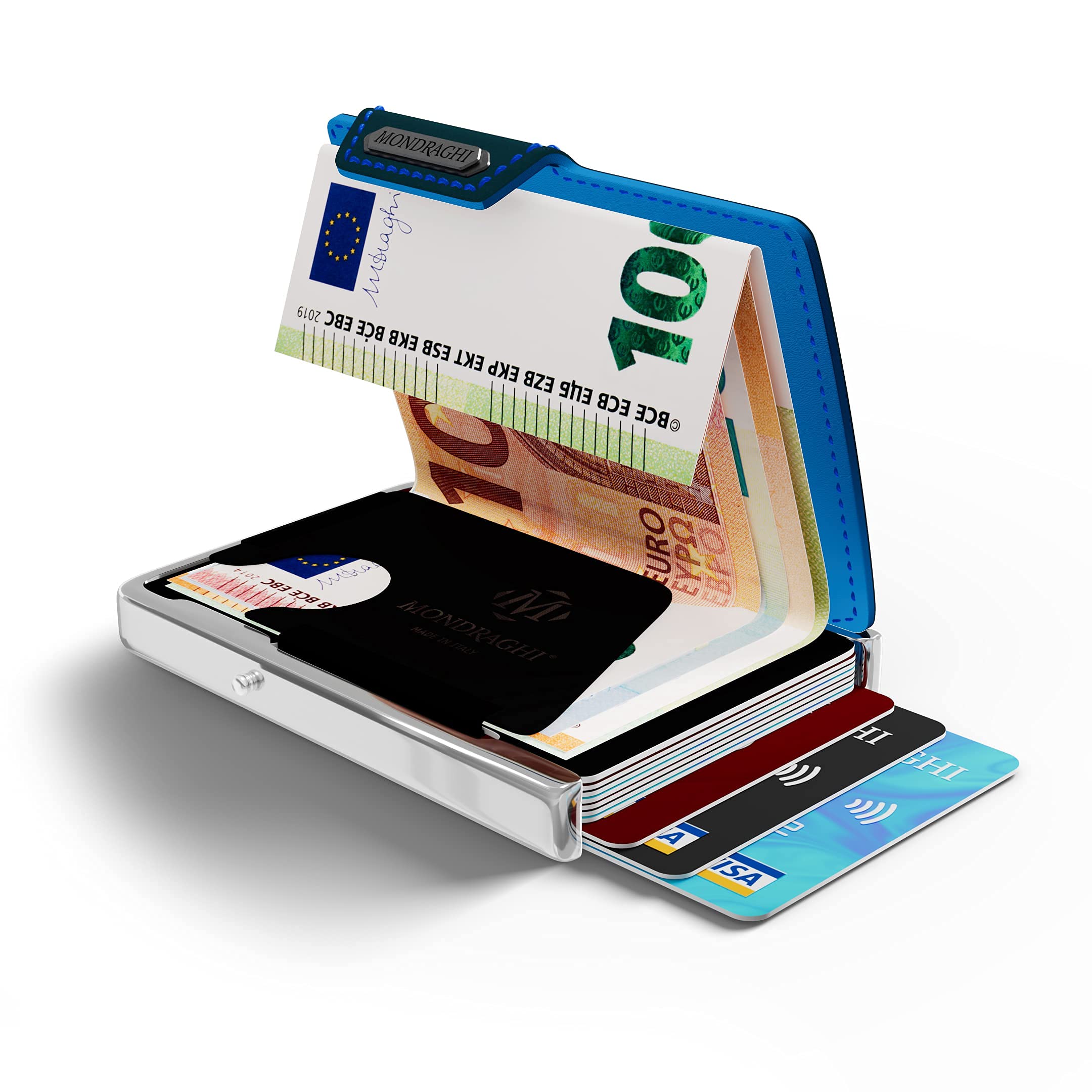 MONDRAGHI® Mini-Wallet. Ultraleichte Geldbörse mit Narbenleder. Kleiner Geldbeutel mit RFID-Schutz-Chip - Kartenetui mit Leichtmetallrahmen | Elegance Blu