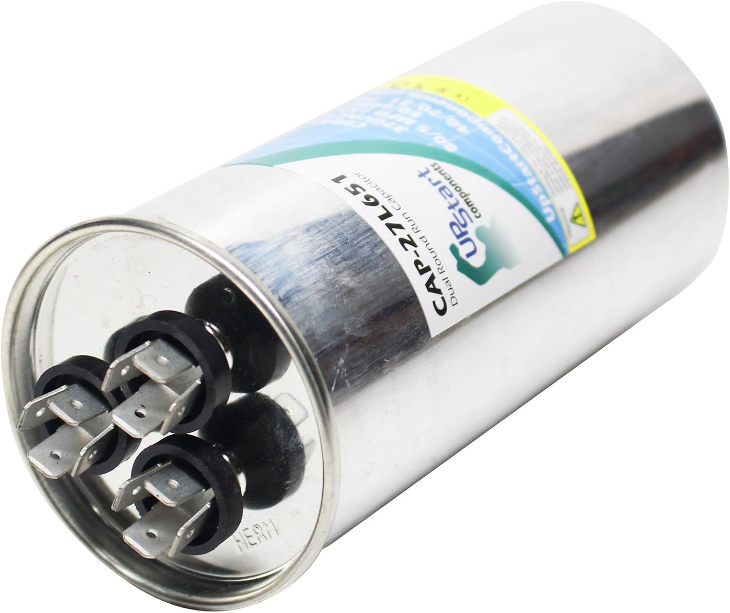 Side view of the UpStart Components 80/5 MFD 370 Volt Dual Round Run Capacitor