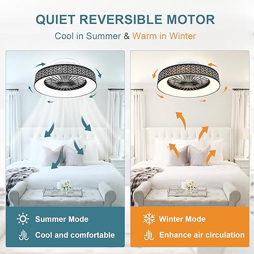 Miniatura 9 de DLLT - Ventilador de techo moderno de montaje empotrado con luces, 18.5 pulgadas, regulables, de perfil bajo, con control remoto, cambio inteligente