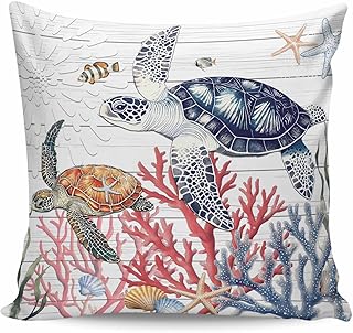 Blue Sea Turtle Throw Pillow Case Coral Wood Grain Blue Sea Turtle Ultra Soft Brushed Pillowcase with Invisible Zipper,Decorative Pillow Covers for Bed Sofa Couch, 18x18In