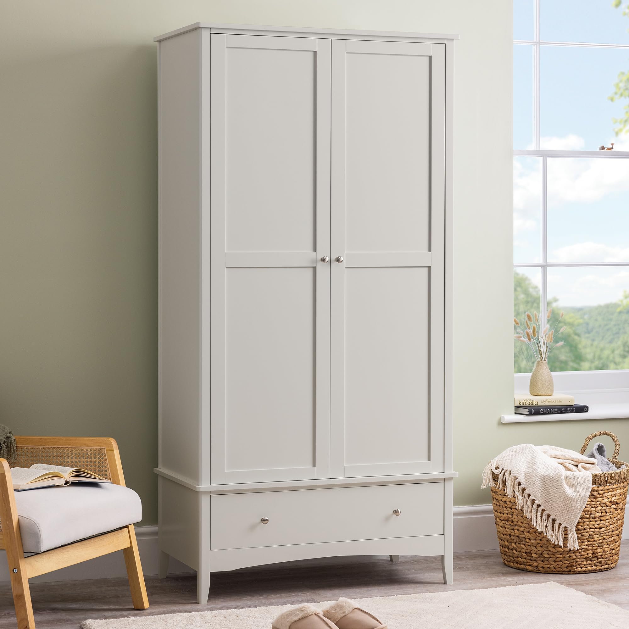 CHRISTOW Double Wardrobe, Clothes Rail & Drawer, Stone