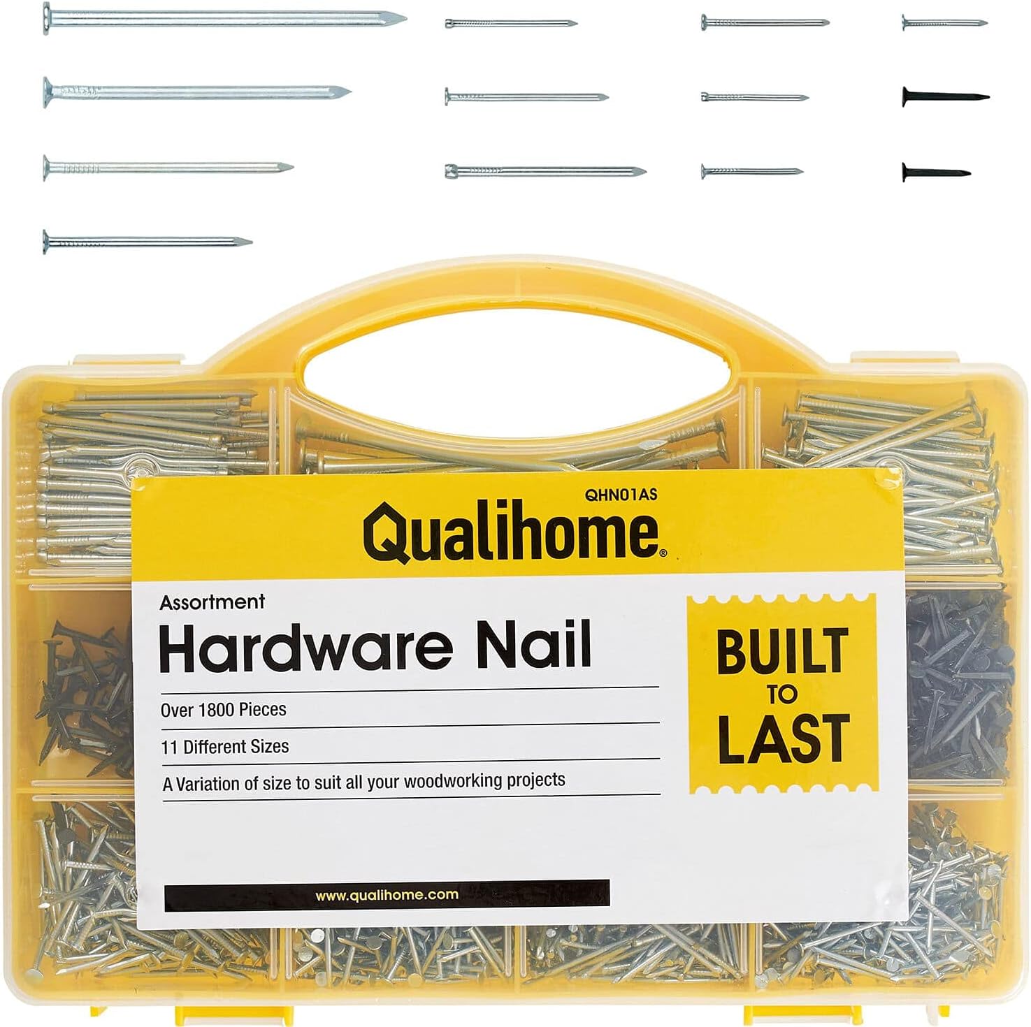 Top Quality Nail Assortment Kit โ Over a 1800 Multipurpose Hardware Nails - 11 Different Sizes โ Non Bendable & Sturdy - Compact Organized Box