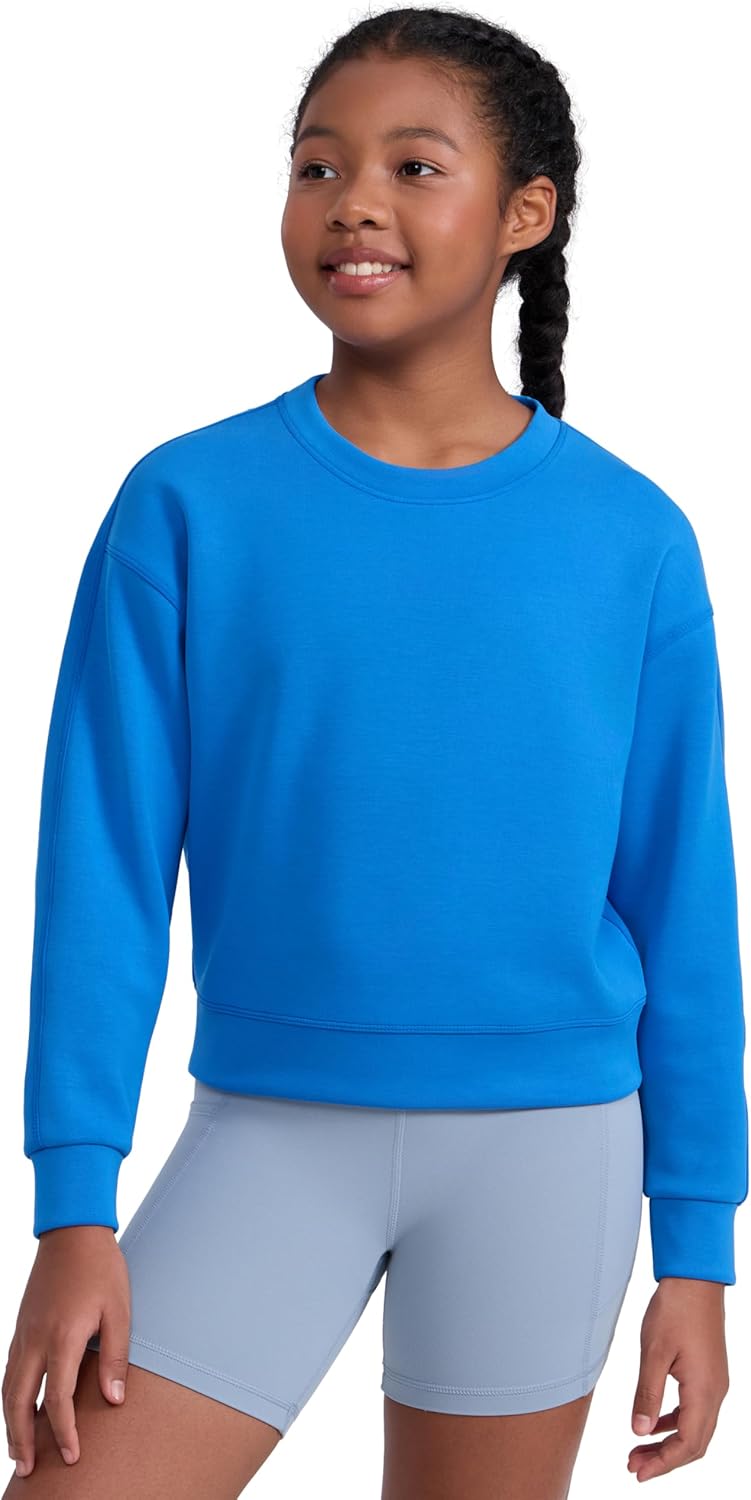 CRZ YOGA Girls SoftAura Long Sleeve Crew Neck Casual Sweatshirts - Lounge Pullover Hoodie Relaxed Waist Length Kids Teen