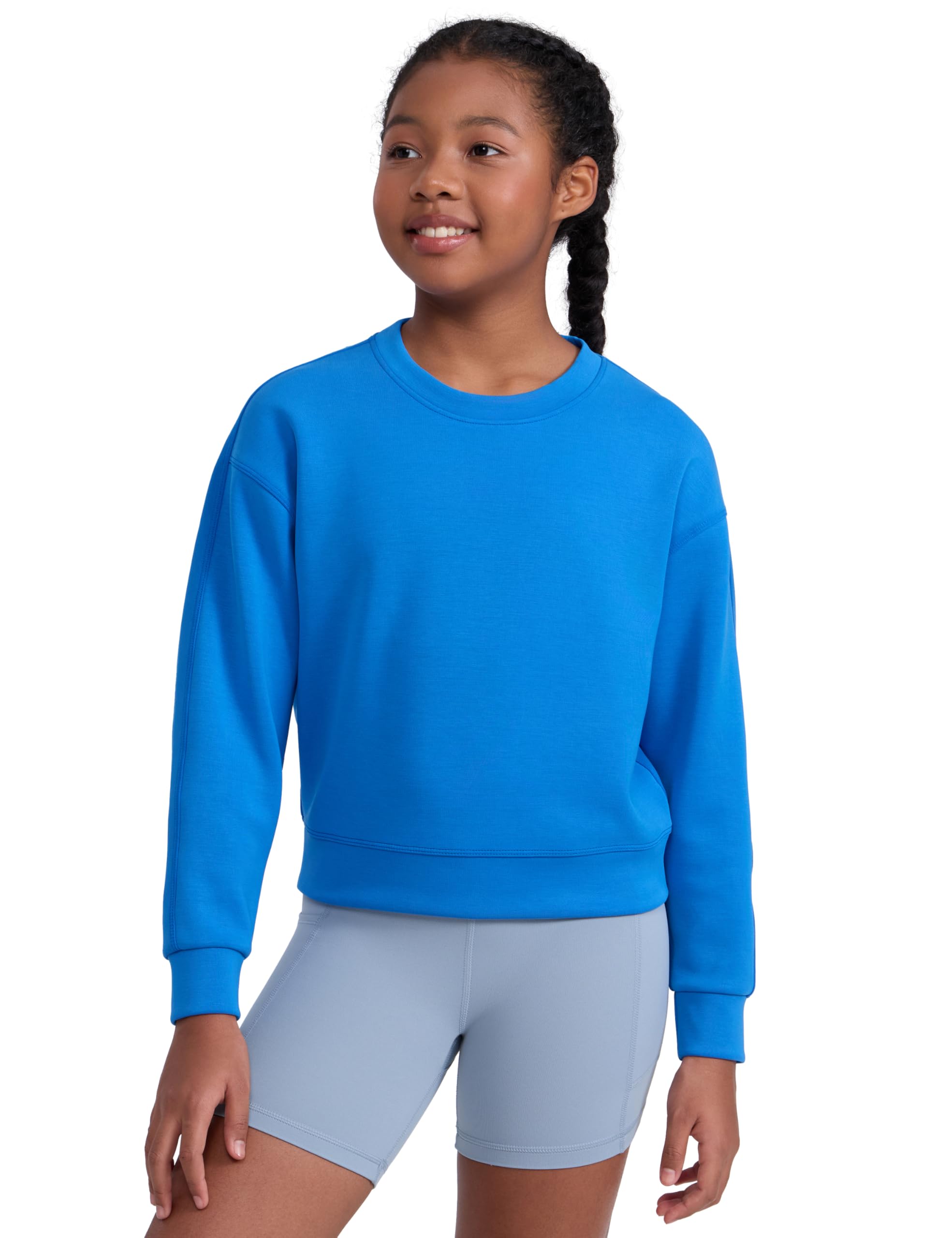 CRZ YOGA Girls SoftAura Long Sleeve Crew Neck Casual Sweatshirts - Lounge Pullover Hoodie Relaxed Waist Length Kids Teen