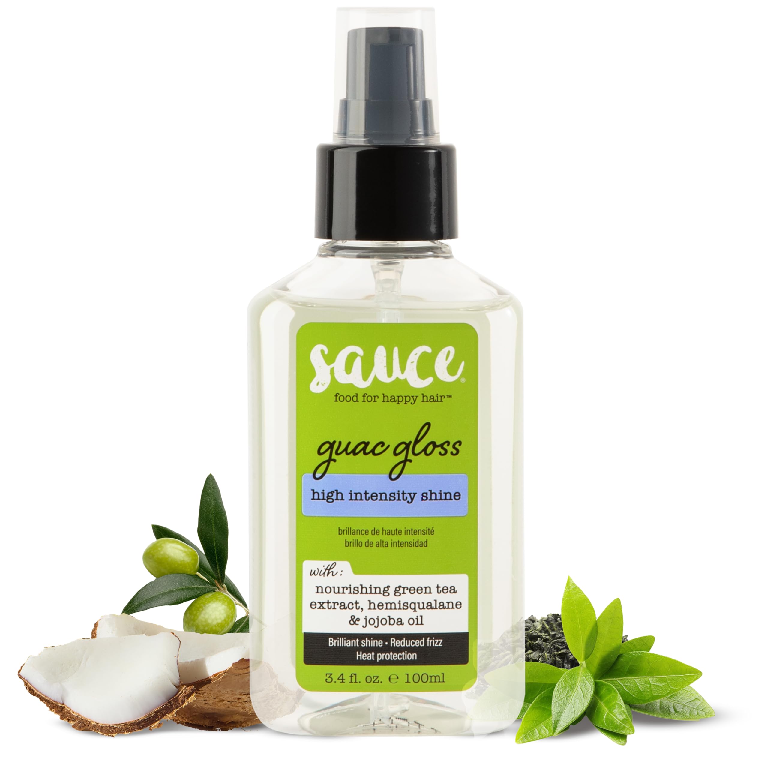 SAUCE BEAUTY Guac Hair Gloss, 3 Fl Oz High Intensity Shine, Jojoba Oil, Green Tea Extract & Squalane to Smooth, Boost Shine & Control Frizz for Sleeker, Softer, More Manageable Hair, Vegan Formula