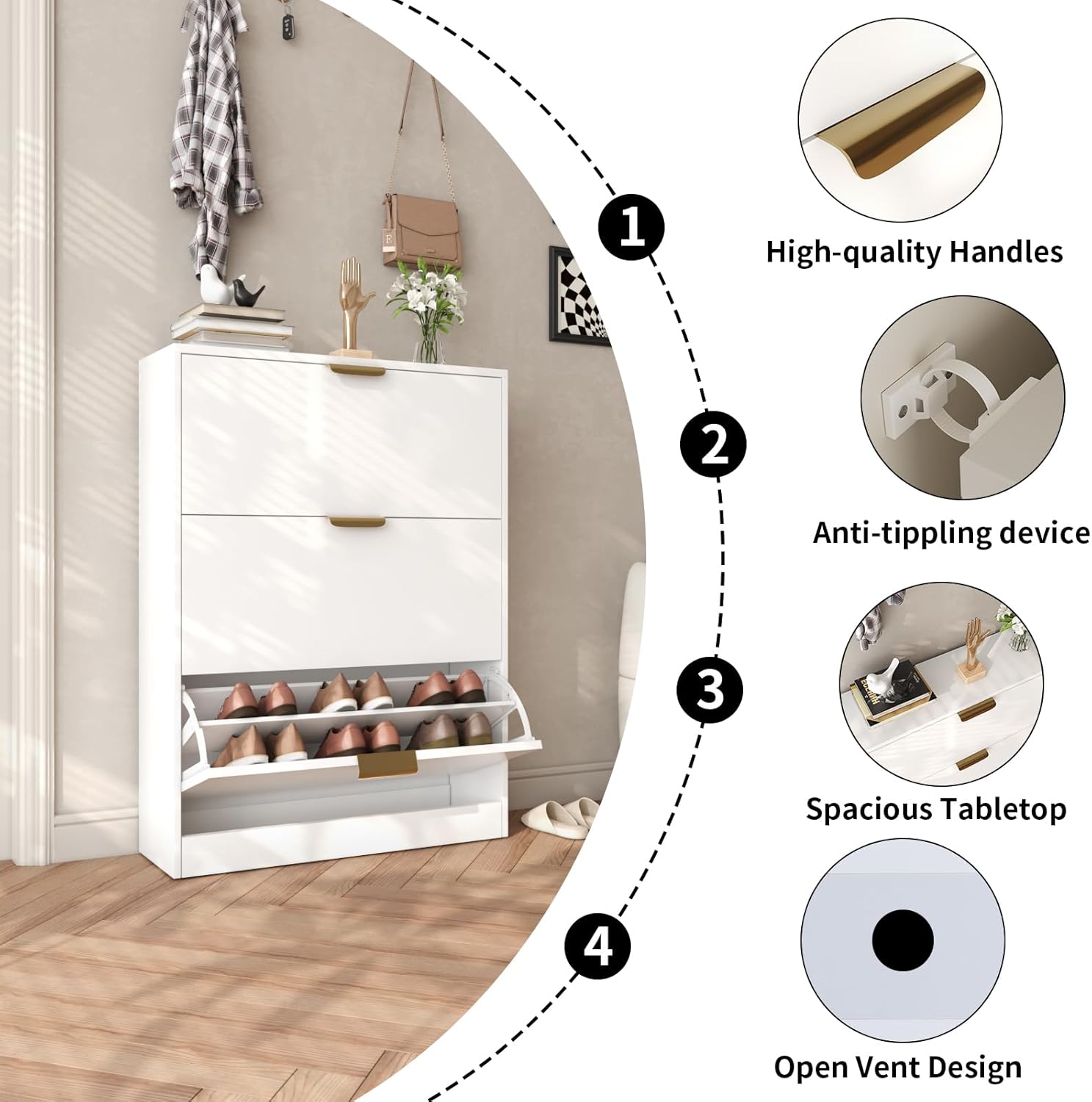 VOWNER Shoe Rack Cabinet with 3 Flip Drawers, Narrow Shoe Storage Cabinet with Adjustable Shelf, Freestanding Shoe Organizer for Entryway, Hallway, White