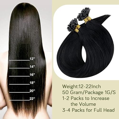 Miniatura 4 de RUNATURE Extensiones de cabello humano con queratina, color negro azabache con punta en U, extensiones de cabello humano real Remy preunido, 16