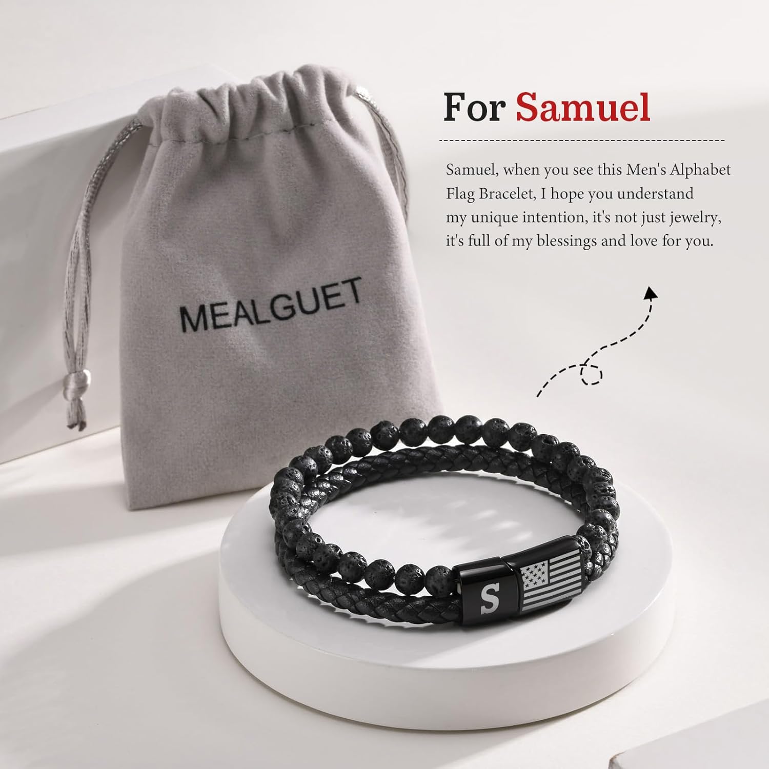 Leather Initial Bracelet for Men Gifts : Mens American Flag Black Lava Rock Braided Cord Letter Wristband for Valentines Birthday Christmas Male Jewelry Gift for Him Husband Dad Son Boyfriend - Image 3