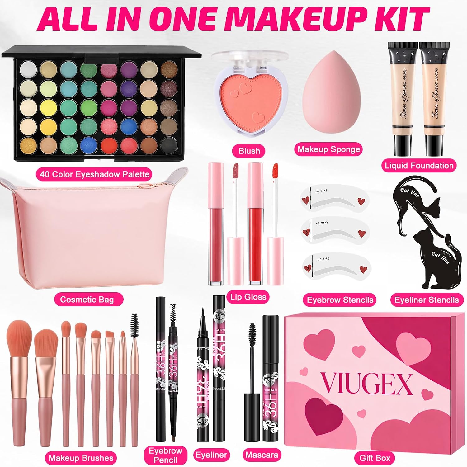 Makeup Sets, Makeup Set for Girls Women, Cosmetic Starter Kit, Makeup Gift Set with Eyeshadow, Foundation, Blush, Lip Gloss, Mascara, Eyeliner, Eyebrow Pencil, Brush, Vanity Case Set B