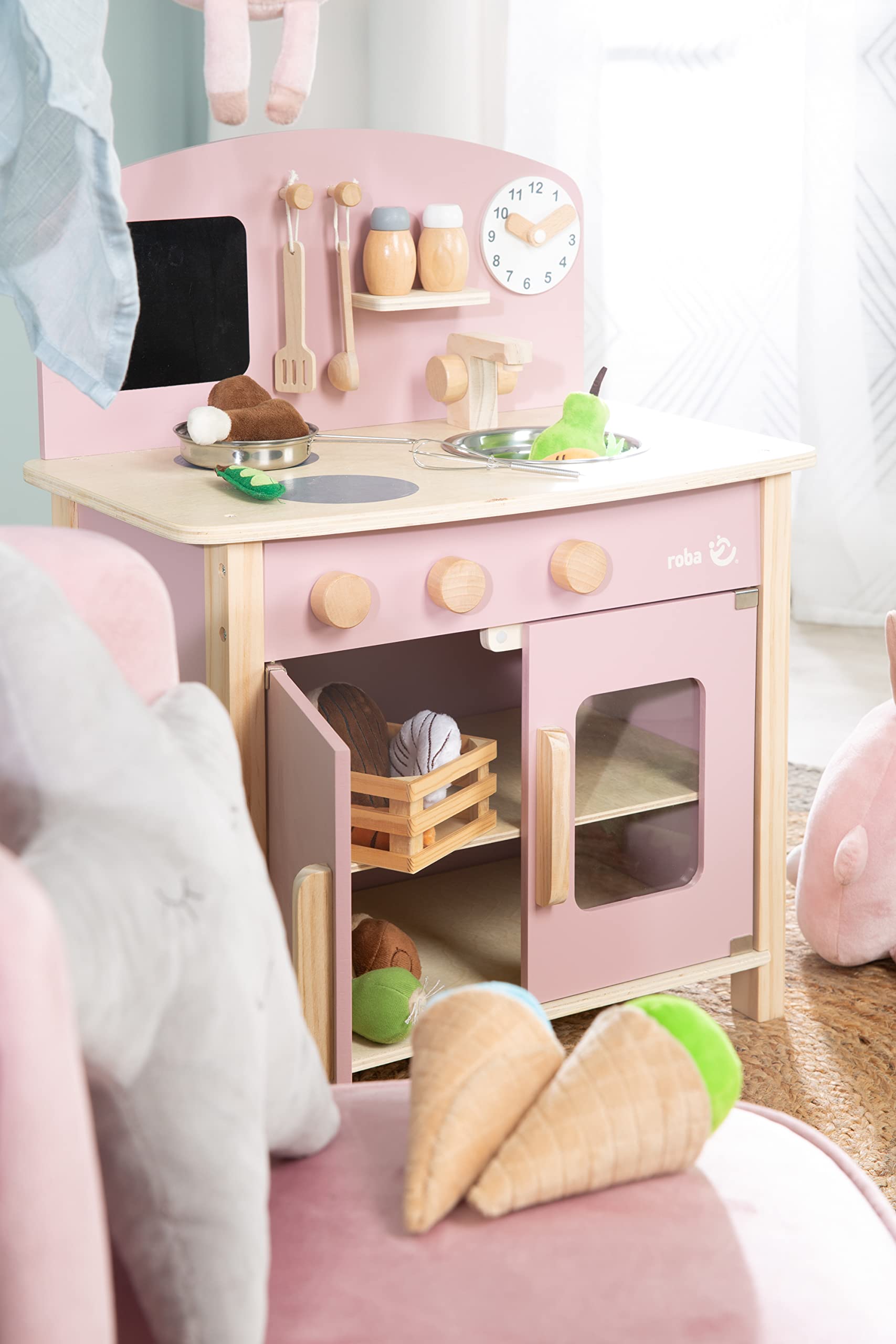 roba Cuisine Enfant en Bois - avec Plaque de Cuisson + Évier et Accessoires en Métal et Bois - à Partir de 3 Ans - Rose