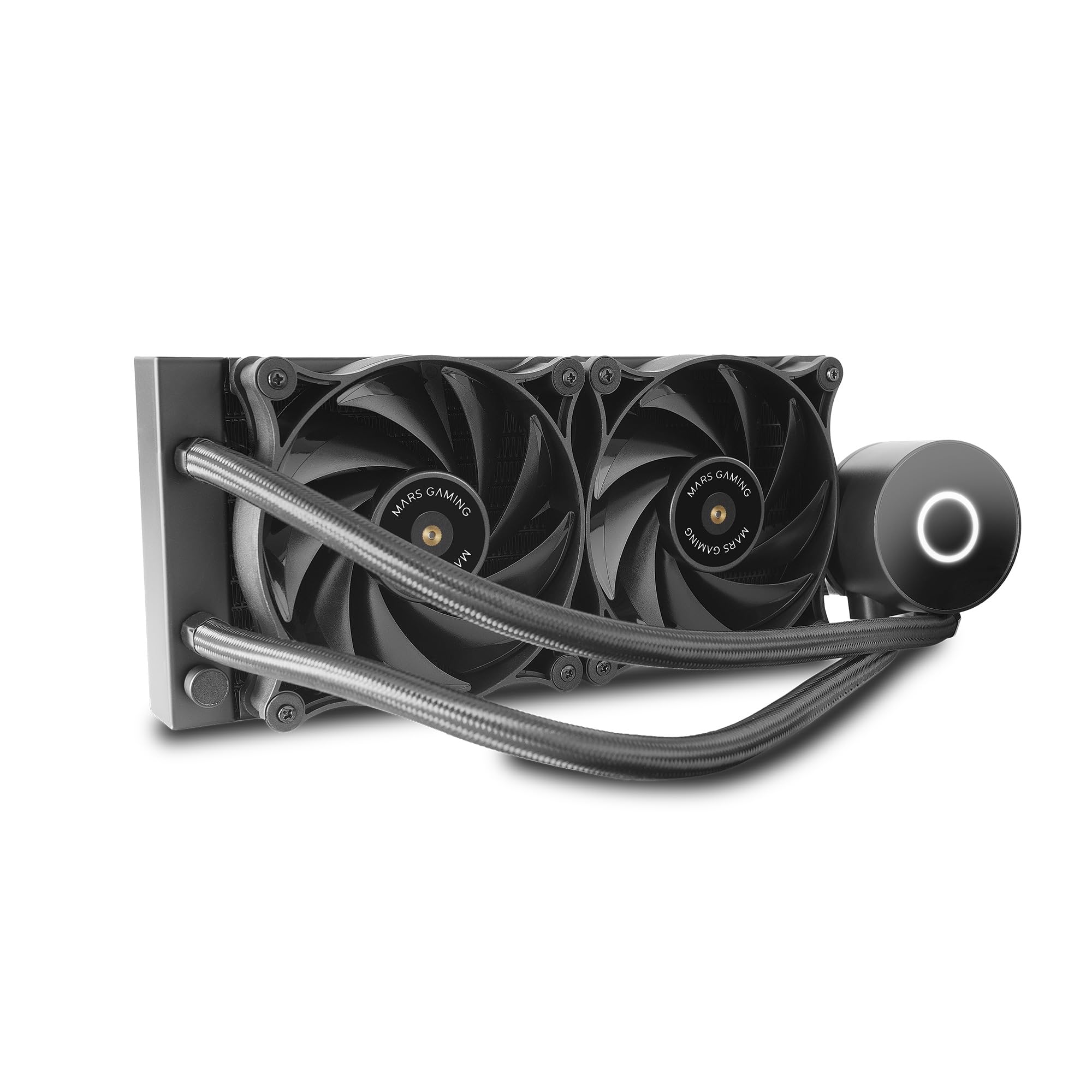 Mars Gaming ML-PRO240, Professionelle CPU-Flüssigkeitskühlung, TDP 450W, 2 Ultraleise FDB-Lüfter, Opti-Chamber Pumpe mit Weißem Beleuchtungsring, Universal-Multisockel, Schwarz