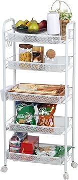 BENBOR Fruit Basket for Kitchen,5 Tier Fruit and Vegetable Storage Basket Cart,Stackable Metal Mesh Rolling Storage Trolley Cart,Slim Storage Organizer Stand on Wheel for Kitchen White