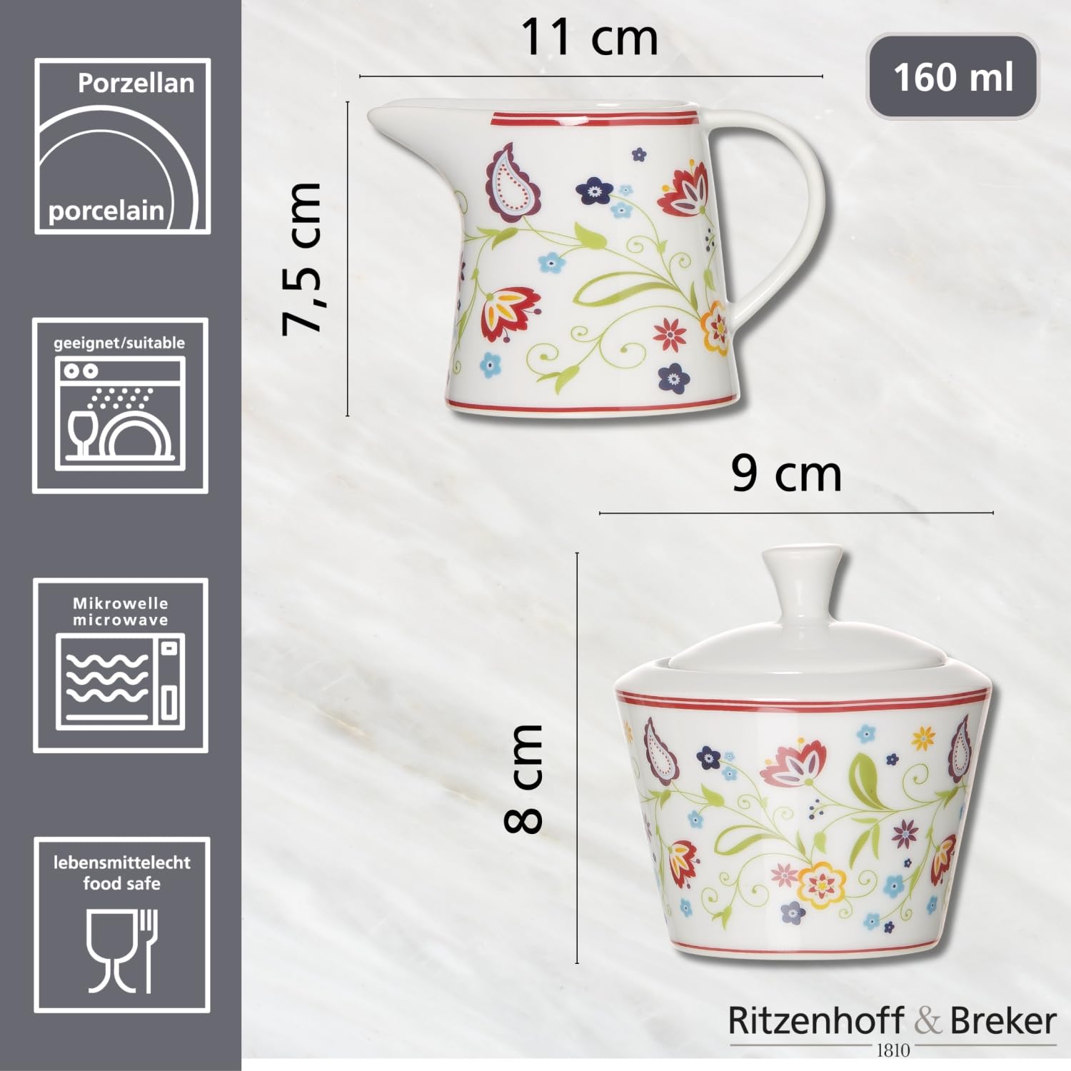 Ritzenhoff & Breker Zuckerdose und Milchkännchen Doppio Shanti, 2-Teilig Accessori per la tavola, Porcellana, Floreale, Set da 2 Pezzi, 2 unità