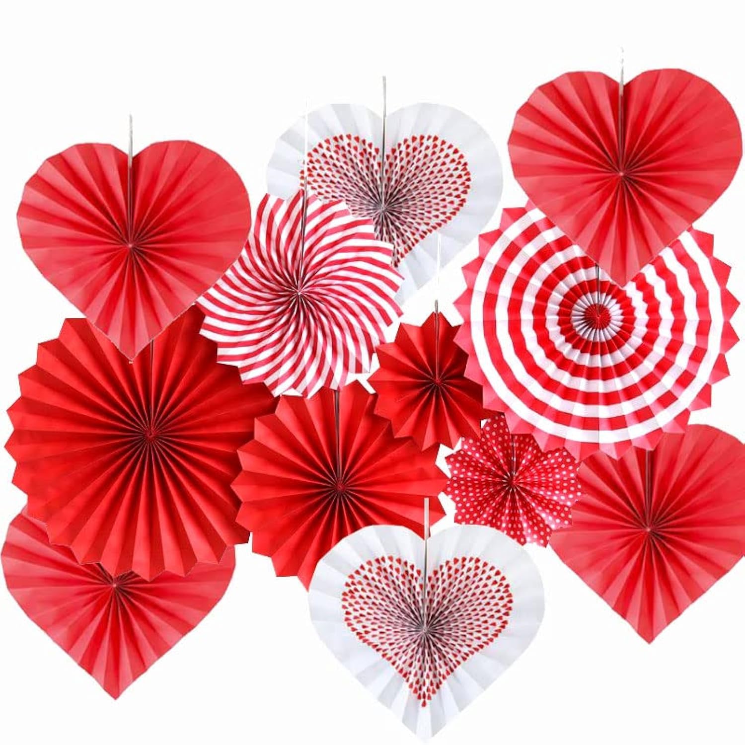 wukou 12pcs Valentine Day Decoration Set Paper Fans, Heart & Round Shapes, 6 Heart & 6 Round Fans for Wedding, Engagement, Bridal Shower