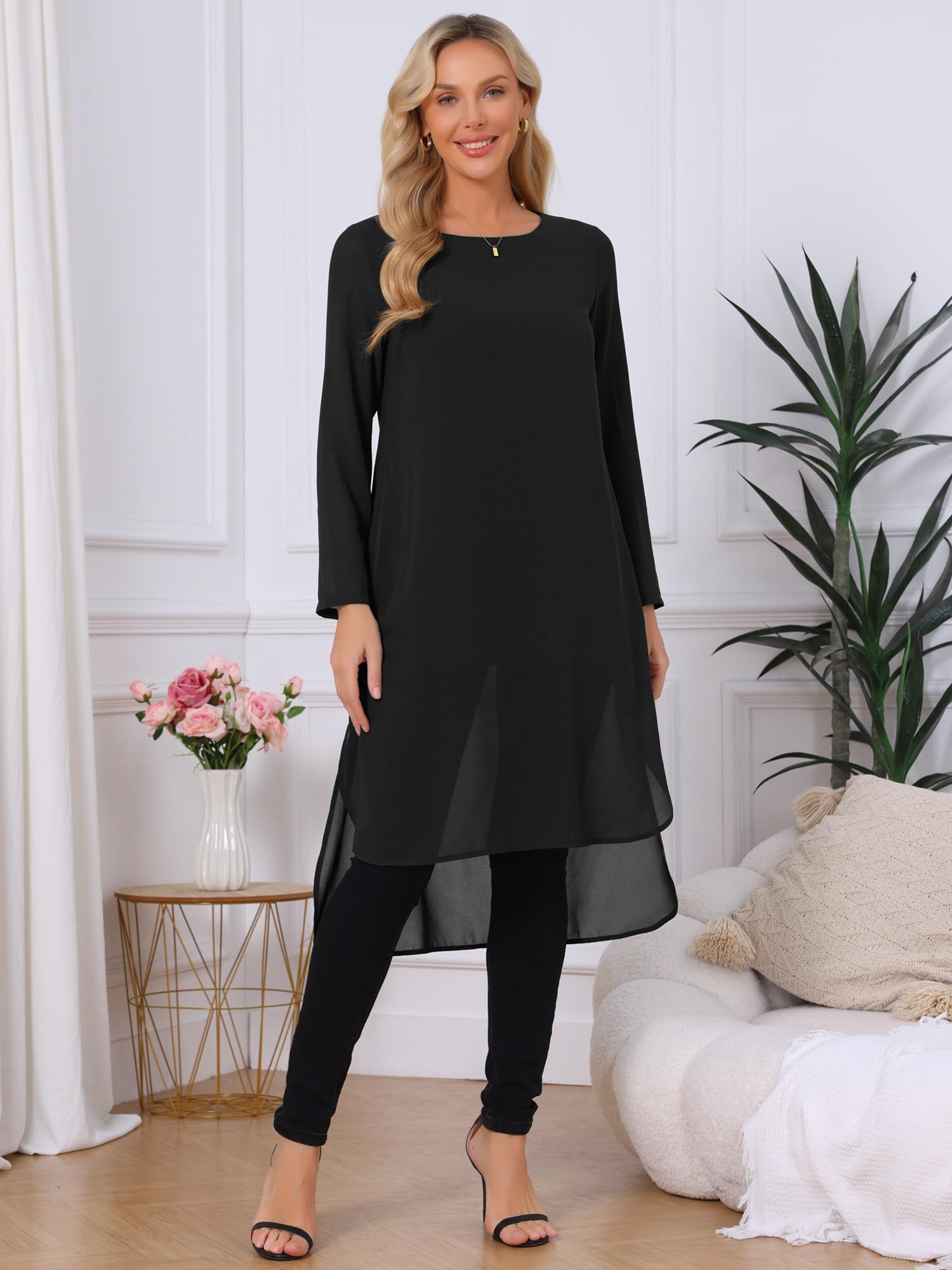 Seta T Camicetta da donna in chiffon, con scollo rotondo, asimmetrica, a maniche lunghe, con spacco laterale, casual