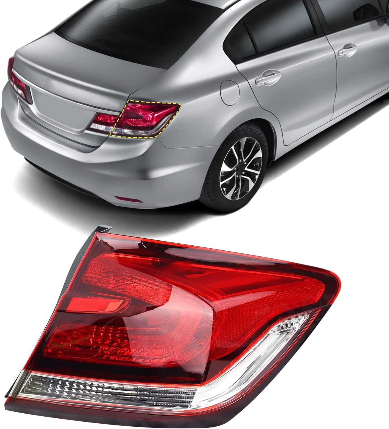 Tail Light Compatible with 2013 2014 2015 Honda Civic Sedan Replacement for 33500-TR0-A51 HO2805102 Rear Outer Brake Taillight Tail Lamp Right Passenger Side