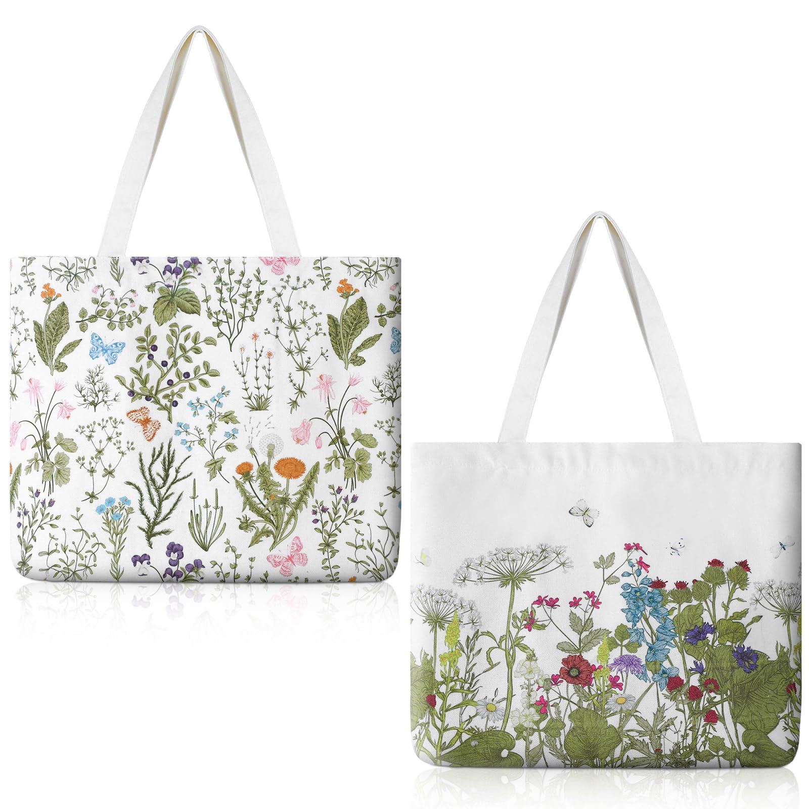 Bencailor 2 Pcs Summer Floral Canvas Tote Bags Reusable Wildflowers Herbs Plant Grocery Bags for Women Daily Life Shopping(Classic)