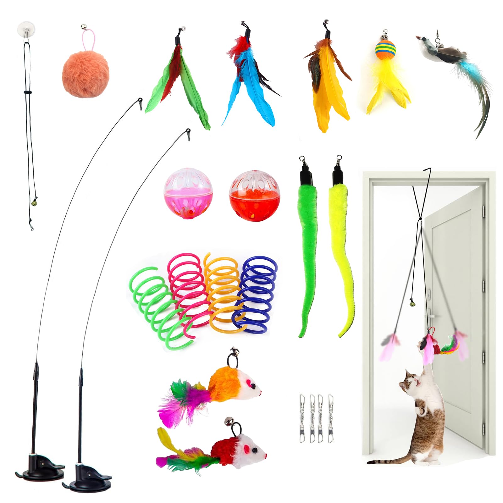 Lopnord Juguetes Gato, 21 Piezas de Juguetes para Gatos de Interior Adultos, Cat Toys Interactivo con Ventosa y Ratón, Juguete de Resorte para Gatos, Juguete de Repuesto con Pluma para Gatos