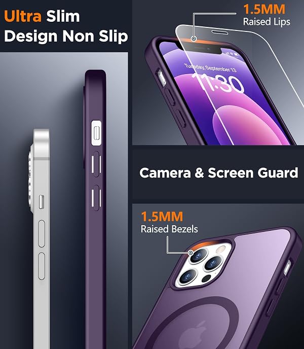 SPIDERCASE for iPhone 12 Case for iPhone 12 Pro Case, Magnetic Translucent Matte Case with 2PCS Tempered Glass Screen Protector Slim Phone Case for iPhone 12/12 Pro 6.1'', Purple by SPIDERCASE - Used condition - Image 4
