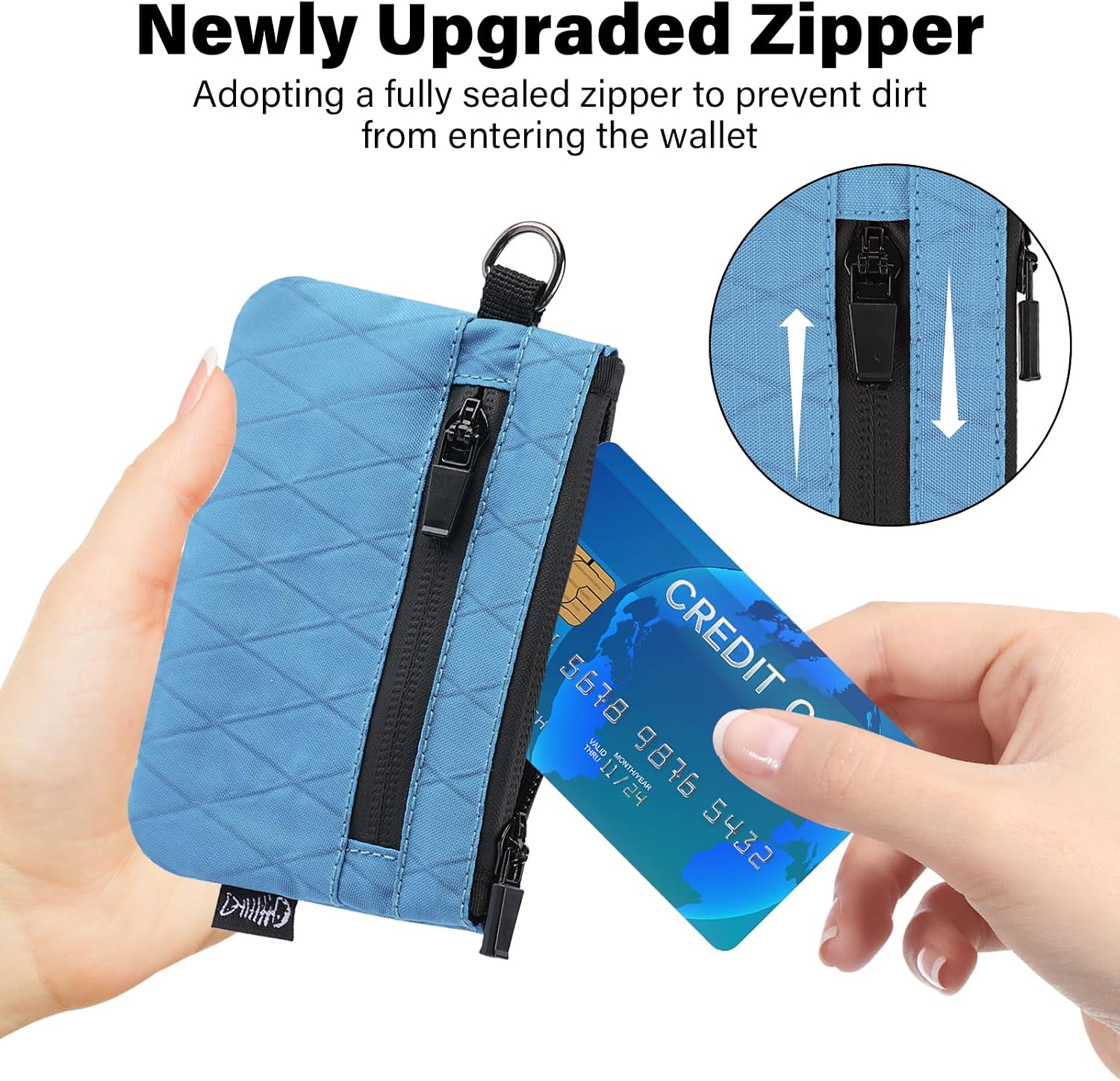 Small Wallet with 2 Invisible Zipper Pockets&Lanyard&Keychain Water Resistant ID Case Card Holder Coin Purse Badge Pouch for Boys Girls Women Men Travel Sports Outdoor - Bright Blue image 3