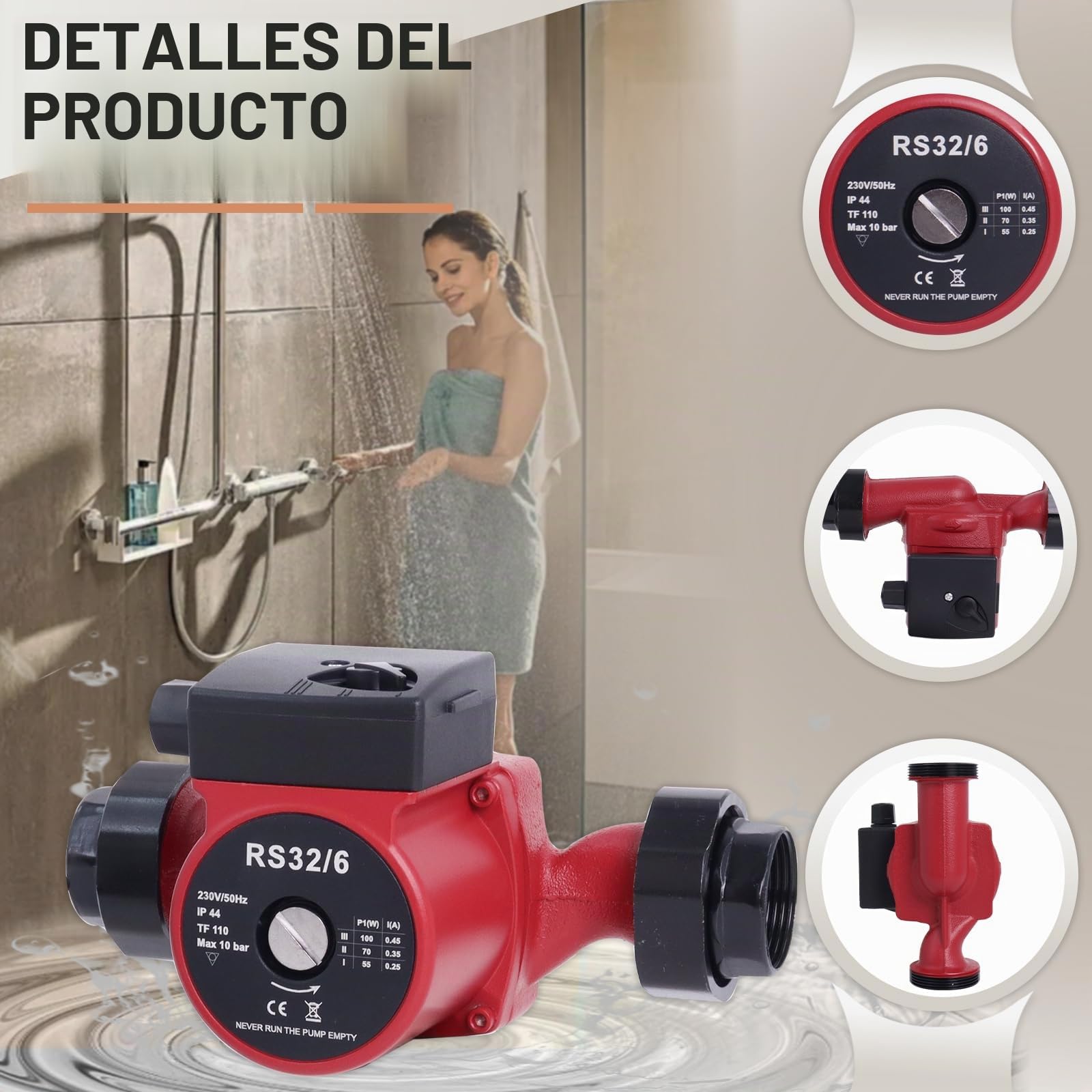 Bomba de Circulación RS32/6-180 mm, Altura Máxima de 6 m | Para Sistemas de Calefacción Central y Calentadores de Agua Solar, Favorece el Flujo en Instalaciones Domésticas, Silenciosa