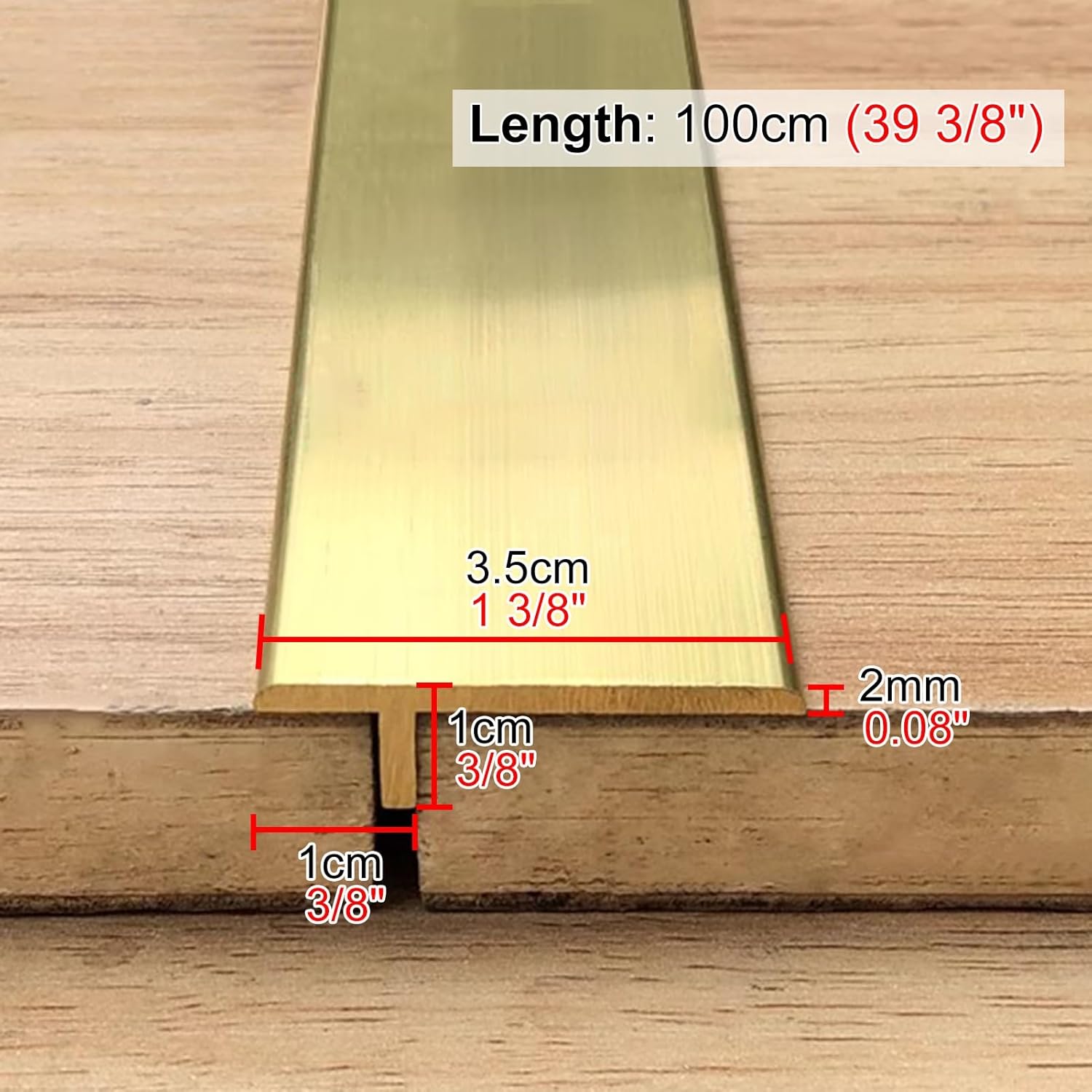 Threshold Strip T Molding Brass Trim for Wood, Vinyl, Laminate & Tile Floors - 1 3/8" Wide Edge Protector for Smooth Surface Gap Covering, 36655