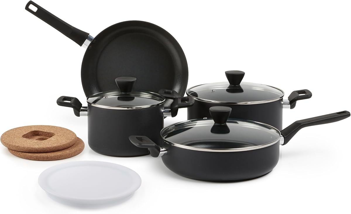 Amazon Basics 10 -Piece Hard Anodized Non-stick Stackable Cookware Set, Oven Safe, Dishwasher Safe, Stay-Cool Handles, Space Saving, Black