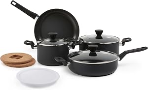 Amazon Basics Stackable Ceramic Non-Stick Cookware Pots and Pans Set, 10-Piece, Space Saving