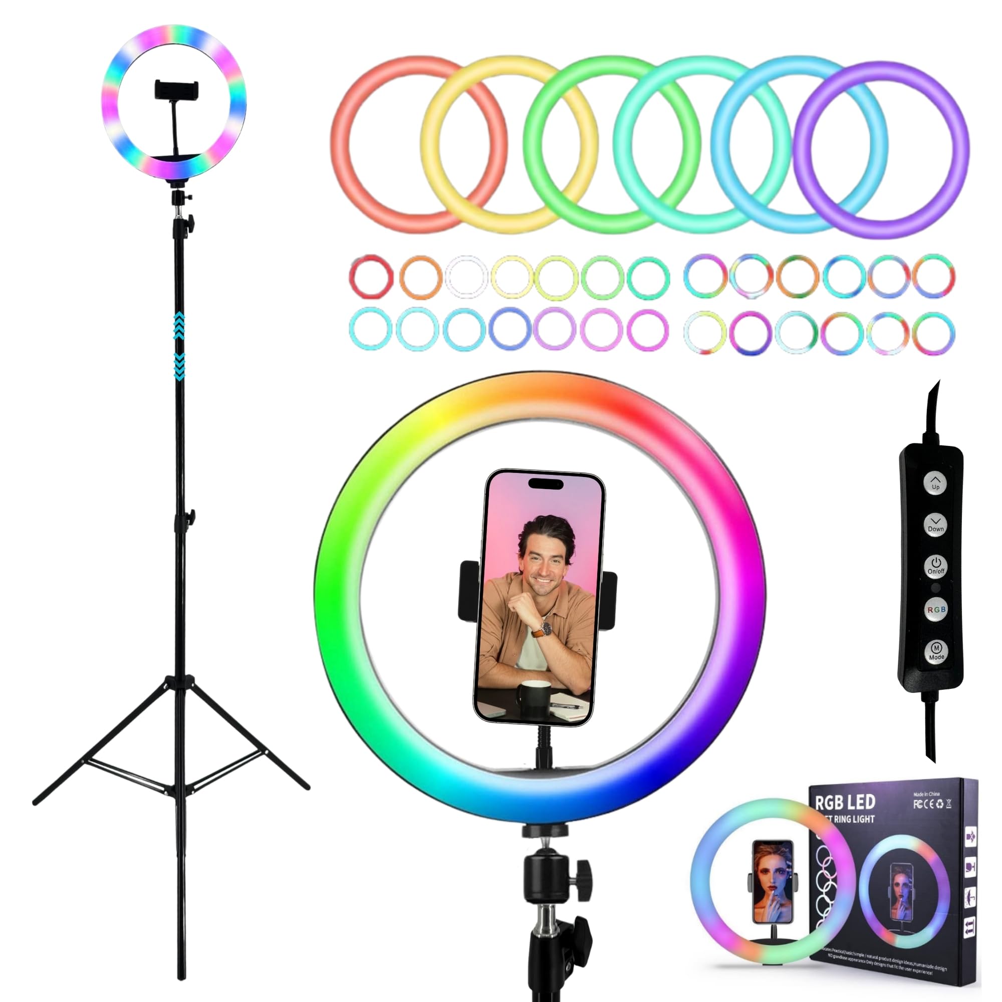 TronicXL Lampa pierścieniowa RGB LED ze statywem 210 cm duży + pierścień świetlny z uchwytem na smartfon, Tripod Beauty Light statyw do aparatu fotograficznego uchwyt na telefon komórkowy I do TikTok