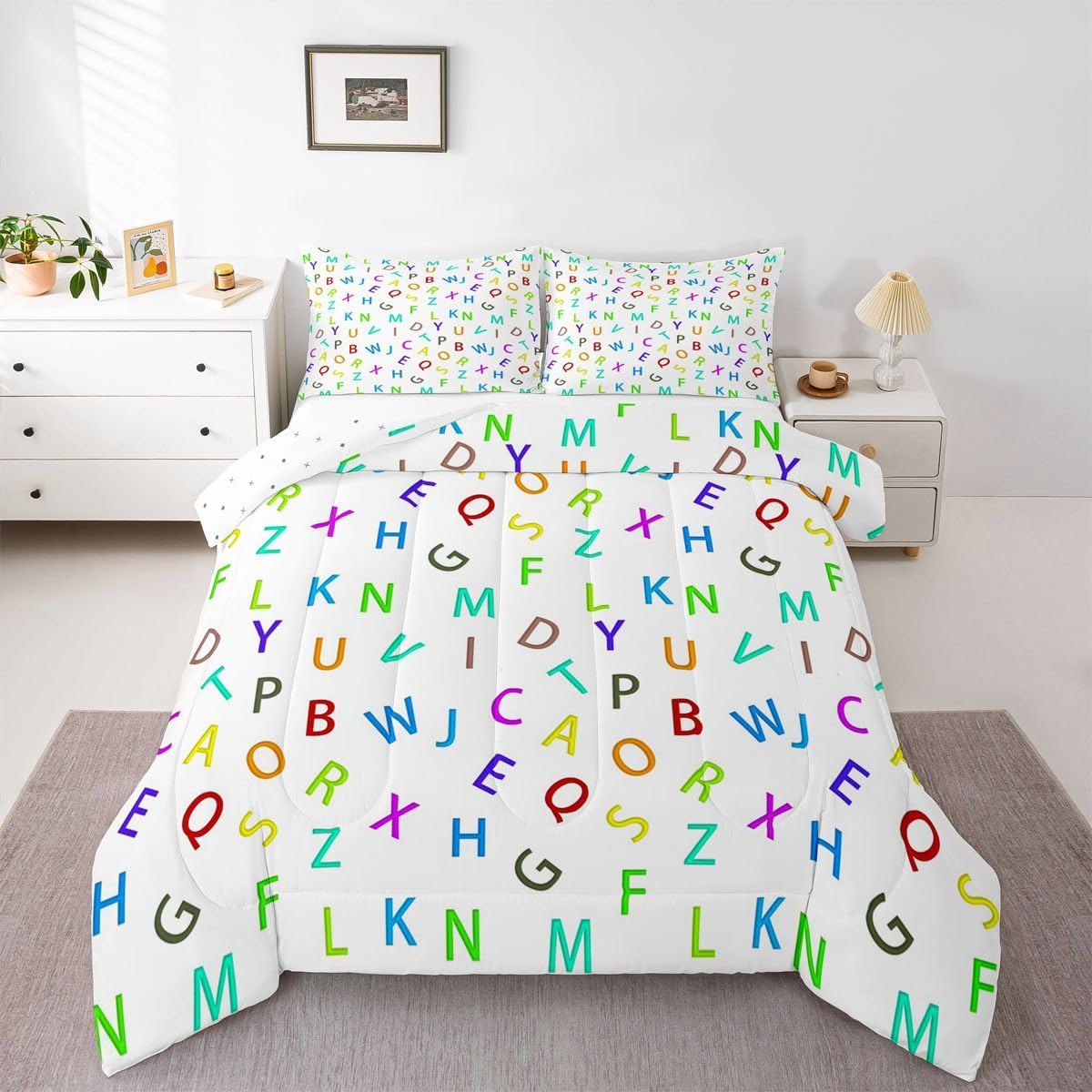 Feelyou 3D Alphabet Comforter Colorful English Alphabet Bedding Set for Kids Boys Adults Cartoon Comforter Set Learning 26 Letters Decor Quilt Set Bedroom Collection 2Pcs Twin Size