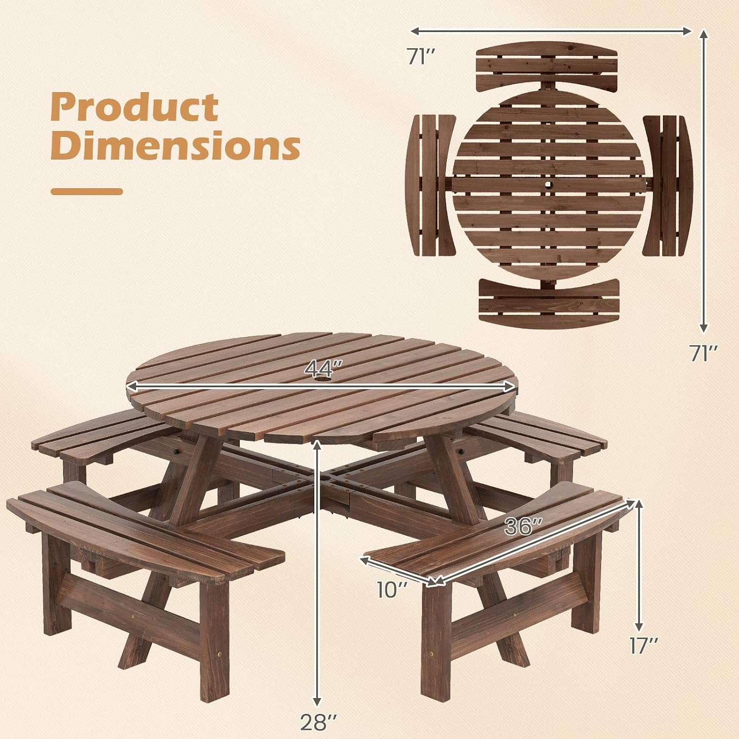 Giantex 8-Person Round Picnic Table Set with 4 Benches, 550 LBS Bench Capacity, 2" Umbrella Hole, Circular Outdoor Wood Dining Table & Chairs for Patio Yard Garden Porch Deck (71”x71”x28”,Brown)