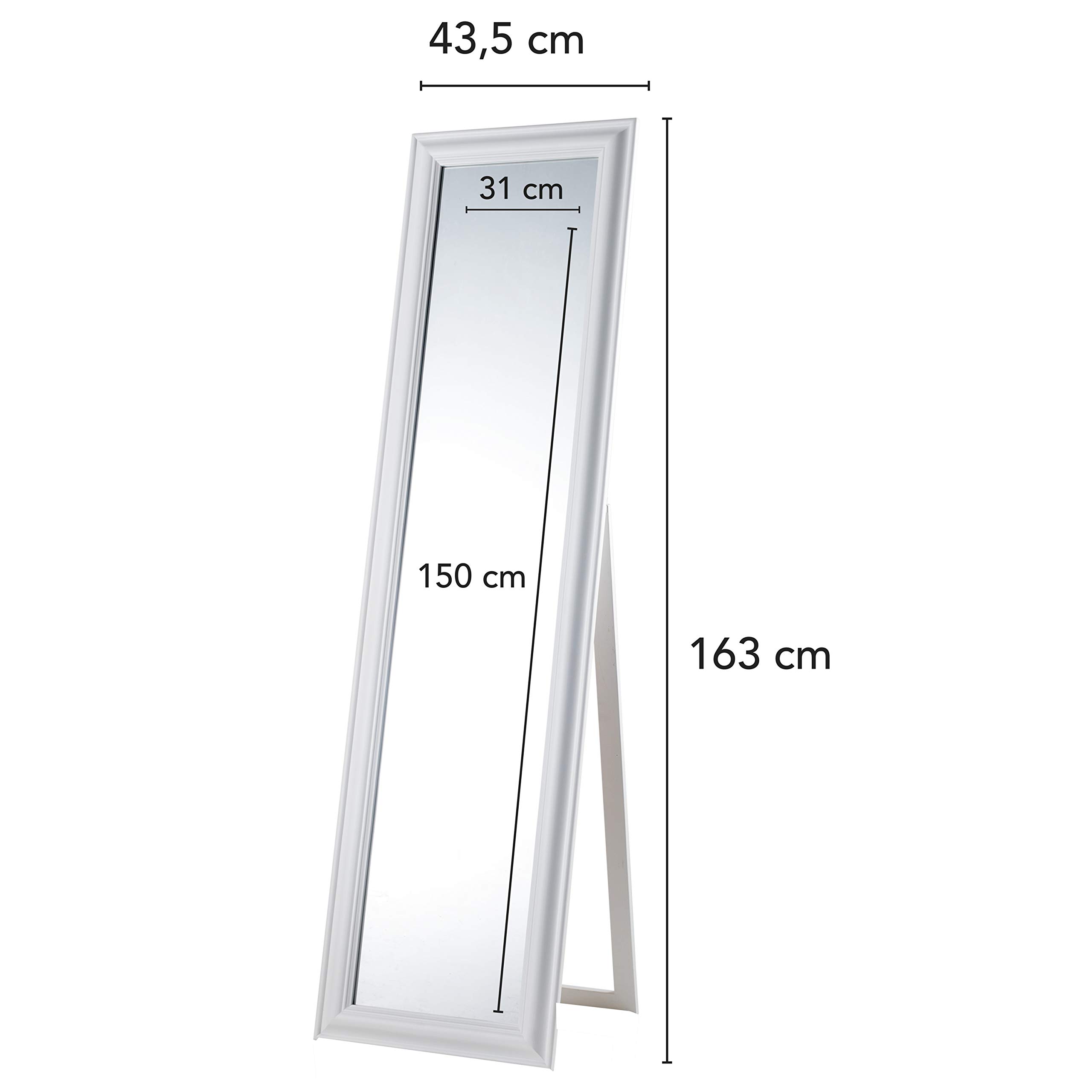 Montemaggi Specchio da Terra con inclinazione Regolabile in Legno Bianco Opaco. Bellissima specchiera in Stile Shabby Chic. Dimensioni: 43,4X4,5X163 cm