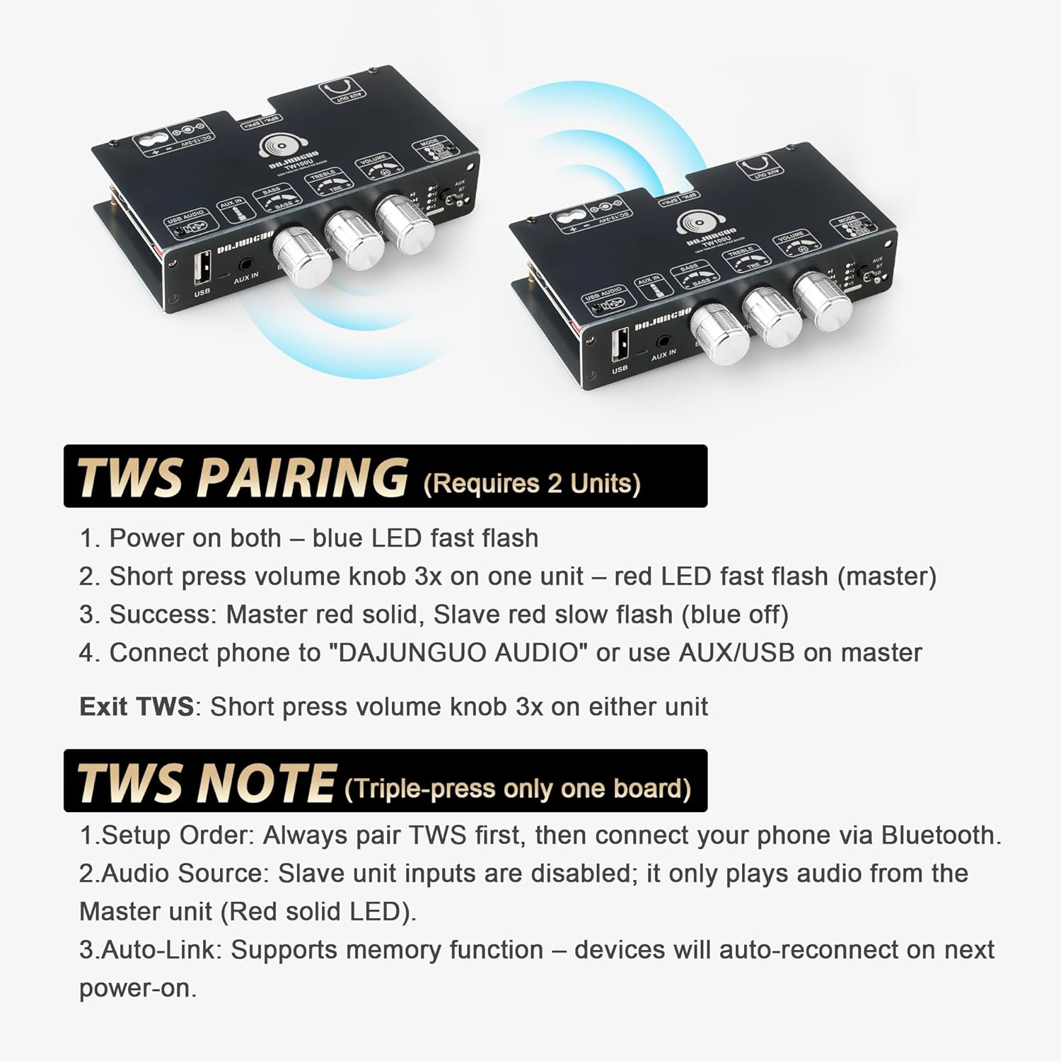 2PCS TW100U 100W Mono Amplifier Board, TPA3116D2 Digital Power Amp Module with Built-in Step-up Voltage Circuit (19V/24V), Supports TWS Wireless Pairing, Bluetooth 5.3, AUX, USB Input, DC 12-24V