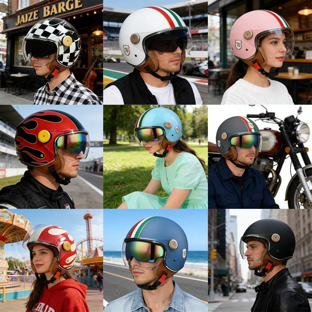 Kask motocyklowy vintage z podwójnym wizjerem i ochroną twarzy, ECE 22.06 przetestowany, lekki ABS, unisex, do jazdy po mieście i drodze, M~XL 57-62 cm