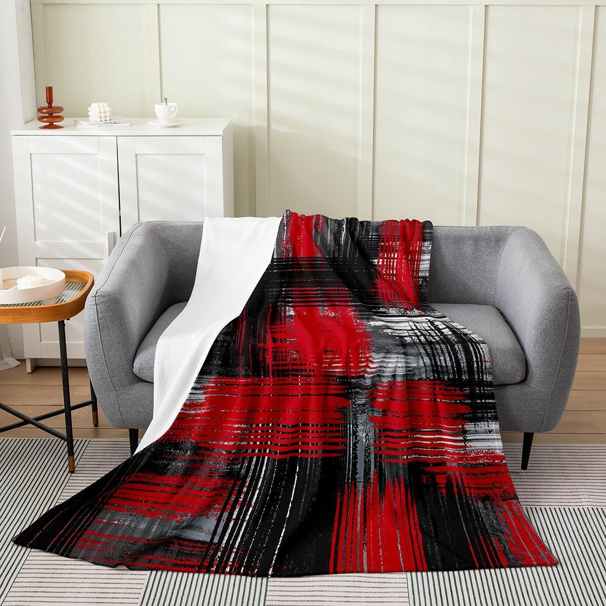 Feelyou Abstract Flannel Fleece Blanket Set Modern Abstract Art Plush Throw Blanket, for Sofa Couch Red Black Grey Pattern Bedding All Season,Bed Blanket Set Room Decor Twin 60"x80"