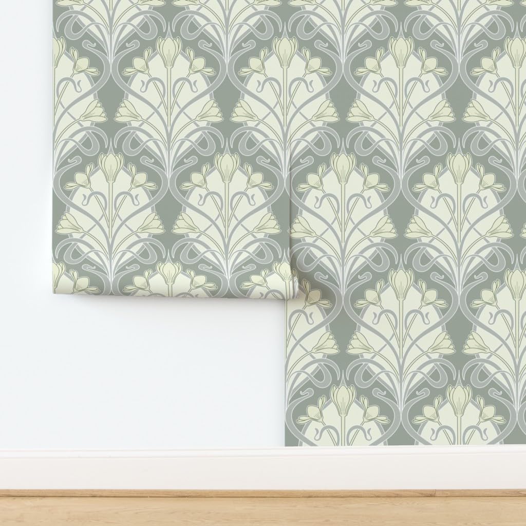 Spoonflower Commercial Grade Wallpaper 27ft x 2ft - Cream Green Flowers Art Nouveau Damask Traditional Wallpaper