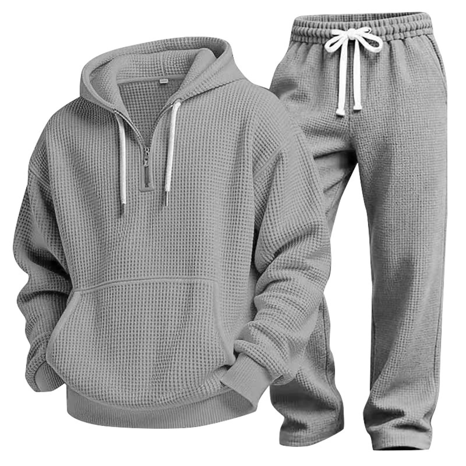 Herren-Trainingsanzug-Set, lässig, 2-teilig, langärmelig | Sweathosen-Set mit elastischem Bund, Waffelmuster, einfarbig, minimalistisch, lässig, athletische Outfits