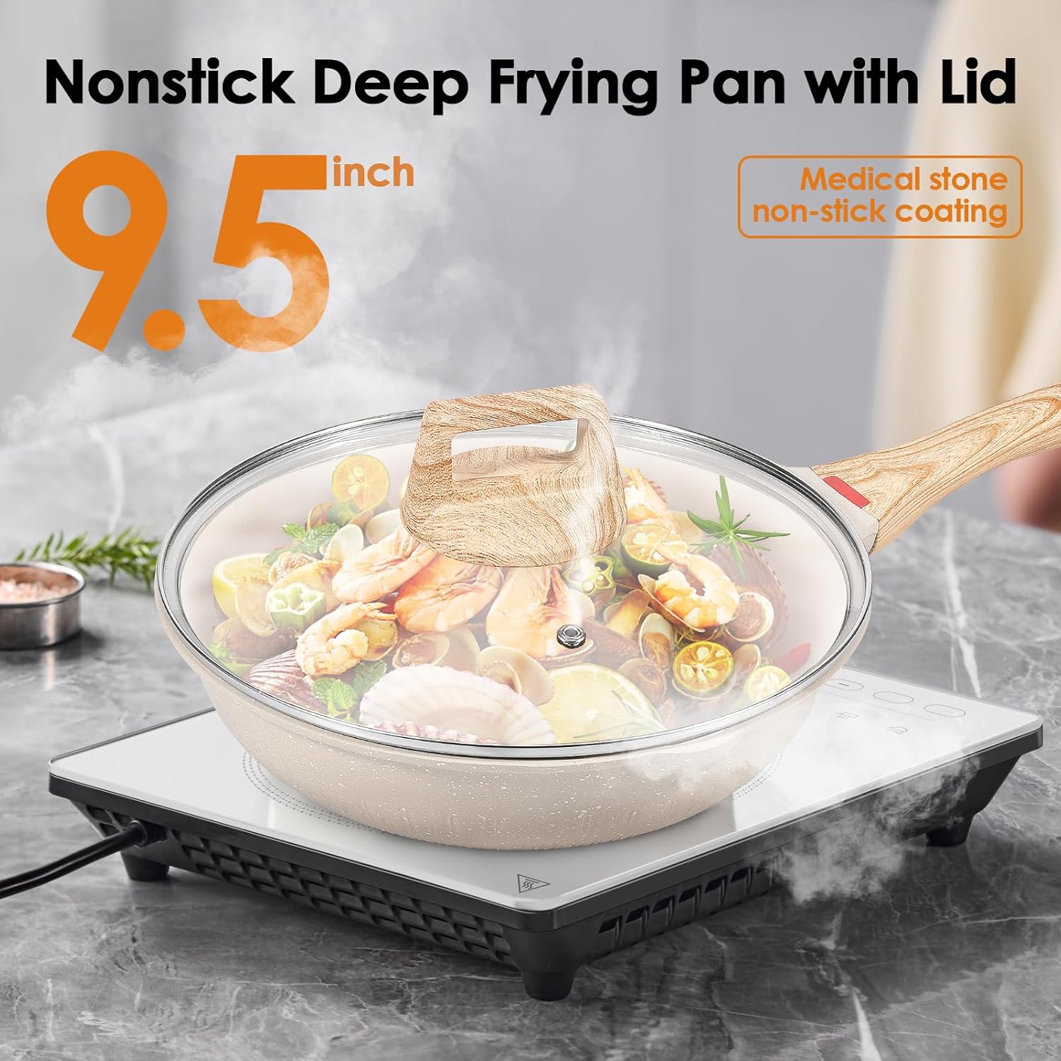 Deep Frying Pan with Lid Nonstick Saute Pan Efficient Skillet Pan with Ergonomic Handle Multifunctional Frying Pan for Kitchen Cooking Induction Stovetops (01)