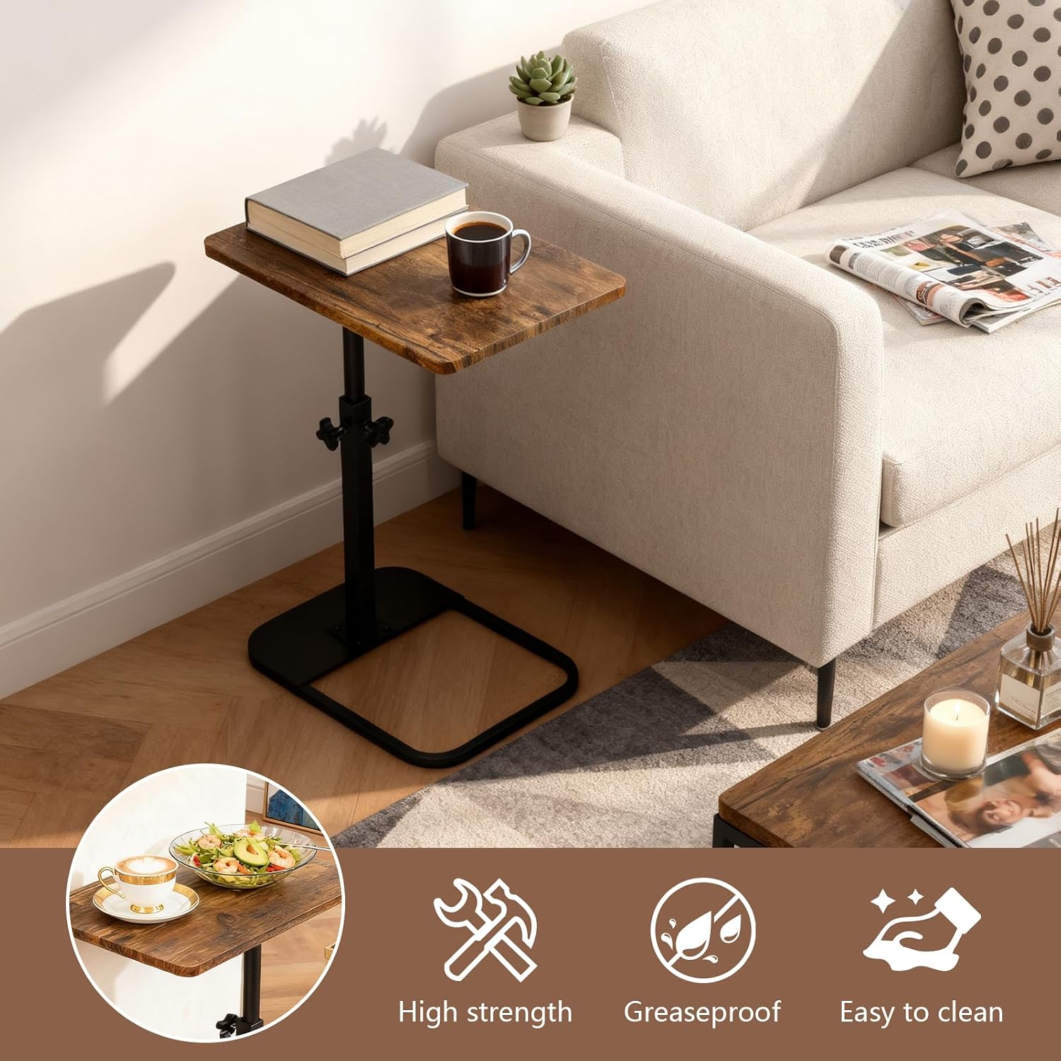 Tmore C Shaped TV Tray Table for Couch,with Natural Wood Top & 360°Swivel,Height Adjustable Side Table for Sofa, Bed and Chair,with Non-Slip Base for Small Spaces(Brown)