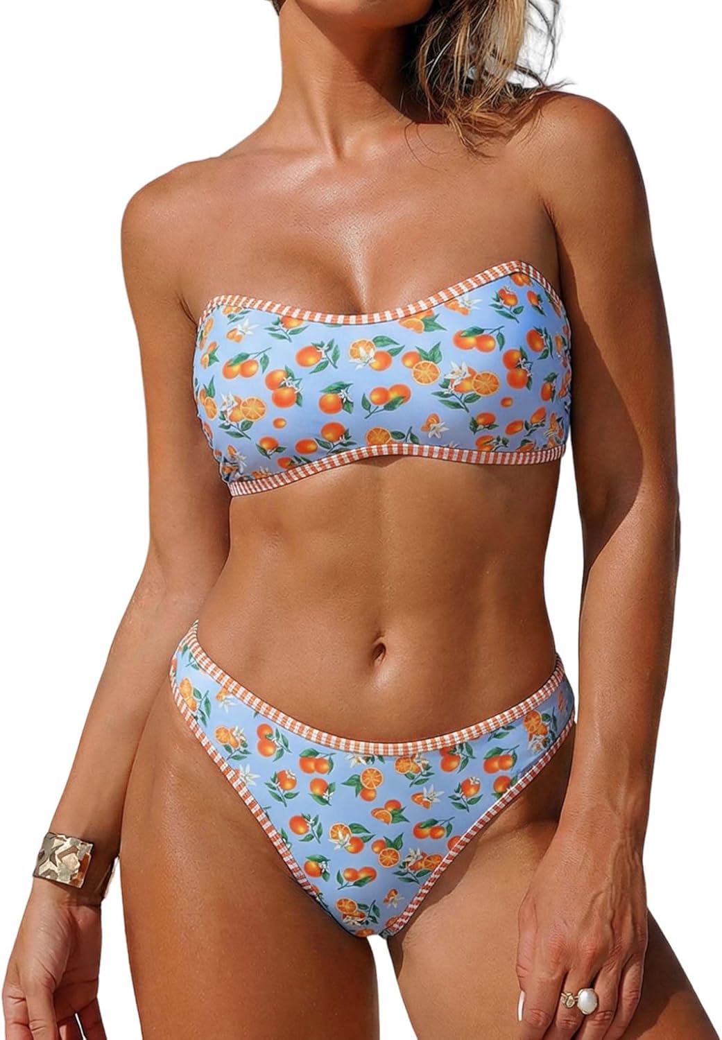 ZAFUL Bandeau Bikini Sets for Women Floral Two Piece Swimsuit Strapless Mid Waisted Bathing Suits wirh Removable Straps