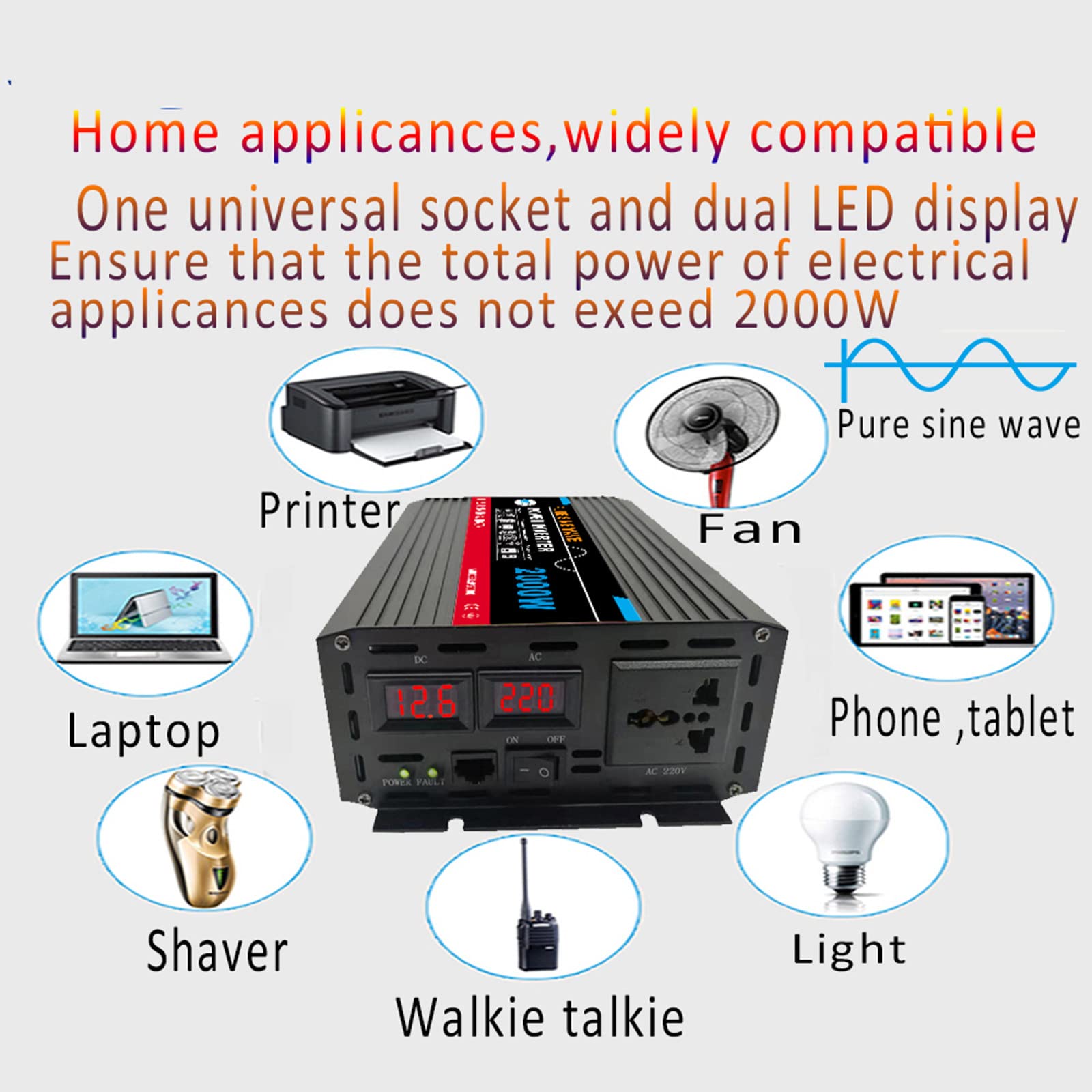 Inversor de Onda sinusoidal de 2000W DC12V/24V/48V/60V a Ac220 Home/Outdoor/RV/Camping Wave Inverter con Pantalla LCD