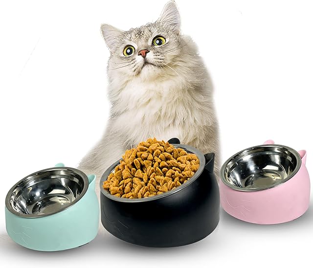 Cat Bowl 400ml, Anti-Slip Tilted Cat Food Bowls Cat Feeding Stainless Steel, Dog Water Bowl for Puppy Small Medium Dogs Cats, Set of 3 Blue Black Pink